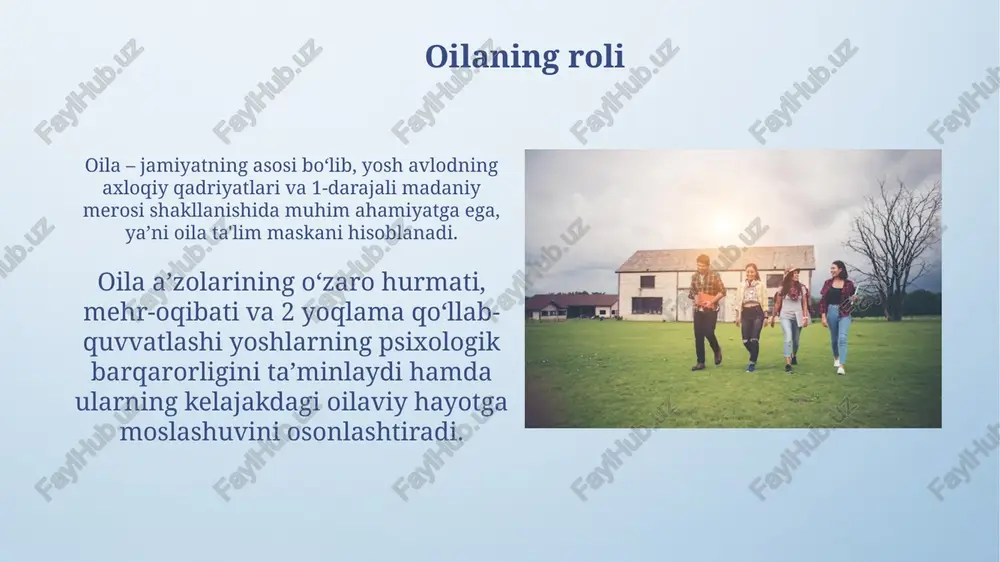 uvaffaqiyatli hamkorlik namunalar “mahalla-oilalarni qo‘llab-quvvatlash markazlari” 2023-yilda 1000 dan ortiq yosh oilalarga psixologik yordam ko‘rsatib, ajralish ko‘rsatkichini 15% ga kamaytirishga erishdi. 2024-yilda “barkamol avlod” bolalar markazlari maktablar bilan hamkorlikda 50 dan ortiq “oilaviy qadriyatlar” to‘garaklarini tashkil etib, 2500 o‘quvchini qamrab oldi. xulosa xulosa oila, mahalla va ta'lim muassasalari o'rtasidagi integratsiya samaradorligini oshirishga qaratilgan aniq tavsiyalarni o'z ichiga olishi kerak. ushbu xulosada yoshlarni oilaviy hayotga tayyorlashning moliyaviy va huquqiy jihatlari bo'yicha o'qitishning ahamiyati ta'kidlanadi. e'tiboringiz uchun rahmat image4.png image6.jpg image7.jpg image8.jpg image9.jpg image10.jpg image11.jpg image12.jpg image13.jpg image14.jpg image15.jpg image16.jpg image17.jpg image18.jpg image19.jpg image20.jpg image21.jpg image22.jpg image3.jpeg