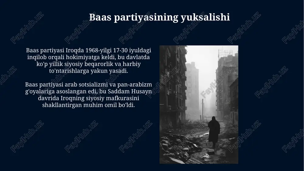 uhlar o'rtasida siyosiy beqarorlik va zo'ravonlik kuchaydi. saddam husaynning hibsga olinishi va sud jarayoni saddam husayn 2003-yil 13-dekabrda aqsh qo'shinlari tomonidan tikrit yaqinidagi ad-daur qishlog'ida, yer osti bunkerida "qizil tong" operatsiyasi davomida qo'lga olingan. sud jarayoni 2005-yil 19-oktabrda boshlanib, asosan 1982-yilda 148 shia musulmonining o'ldirilishi bo'yicha do'jeyl qirg'inida ayblanib, iroq maxsus tribunalida o'tkazildi. saddam husaynning merosi saddamning merosi iroq jamiyatida chuqur bo'linishlarni qoldirdi, sunniylar hukmronligi va shialarga nisbatan repressiya iroqning siyosiy landshaftida 2003-yildan keyin davom etdi. uning avtoritar boshqaruvi ostida 1980-yillarda eron-iroq urushi va 1990-yillarda quvaytga bostirib kirish kabi halokatli urushlar mamlakat infratuzilmasiga jiddiy zarar yetkazdi va rivojlanishga to'sqinlik qildi. e'tiboringiz uchun rahmat image6.jpg image7.jpg image8.jpg image9.jpg image10.jpg image11.jpg image12.jpg image13.jpg image14.jpg image15.jpg image16.jpg image17.jpg image18.jpg image19.jpg image20.jpg image21.jpg image22.jpg image4.jpeg