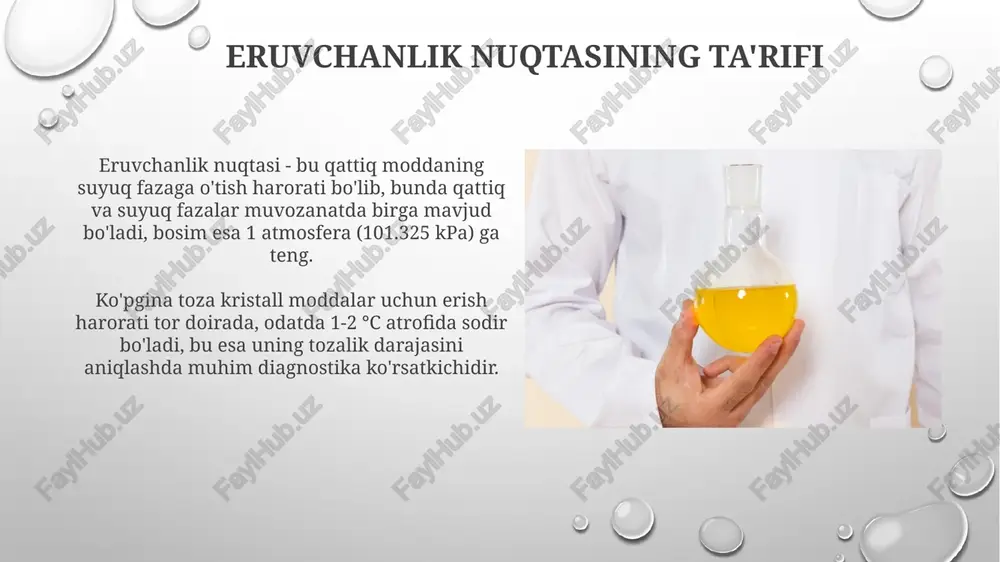 al skanerlovchi kalorimetriya (dsc) kabi usullar namunaning issiqlik oqimini aniqlaydi. soflikni aniqlashda erish nuqtasining boshlanishi, cho'qqisi va yakunini belgilash orqali namuna tarkibini baholash mumkin. farmatsevtika "farmatsevtika" 2017-yilda o'zbekistonda farmatsevtika tarmog'ini rivojlantirish bo'yicha investitsiya loyihalarini muvofiqlashtirish uchun tashkil etilgan davlat-xususiy sherikchilik kompaniyasi hisoblanadi. kompaniyaning asosiy vazifalaridan biri 20 dan ortiq farmatsevtika korxonasini modernizatsiya qilish va ularning ishlab chiqarish quvvatini oshirish, shu jumladan, 50 million dollardan ortiq xorijiy investitsiyalarni jalb qilishdir. xulosa xulosa, moddalarning erish nuqtalarini aniqlashda, eksperimental aniqlik ±0.5 °c gacha bo'lishi mumkin, bu esa moddaning tozaligini va aniqlash usulini hisobga oladi. eruvchanlik nuqtasi diapazonini kuzatish orqali, 95% tozalikdagi organik birikmada bu diapazon odatda 1-2 °c atrofida bo'ladi, bu moddaning identifikasiyasida muhim. e'tiboringiz uchun rahmat image2.png image5.jpg image6.jpg image7.jpg image8.jpg image9.jpg image10.jpg image11.jpg image12.jpg image13.jpg image14.jpg image15.jpg image16.jpg image17.jpg image18.jpg image19.jpg image20.jpg image21.jpg image3.png