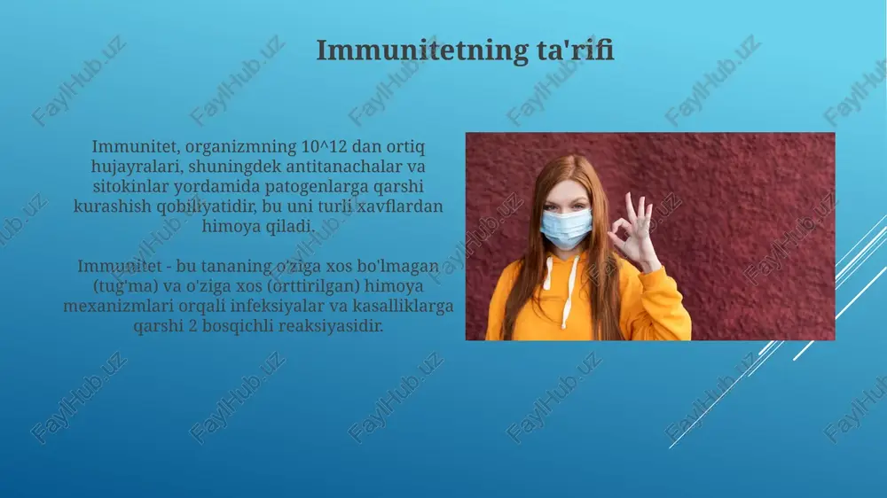 mchi immun tanqisligi, 300 dan ortiq genetik nuqsonlar tufayli kelib chiqadi, immunoglobulinlar ishlab chiqarishdagi kamchiliklarni yoki t-hujayralarining disfunktsiyasini keltirib chiqaradi. immunitetni mustahkamlash usullari ratsionga c vitamini (kuniga 500-1000 mg) va d vitamini (kuniga 2000-4000 iu) qo'shish immunitet hujayralarining funktsiyasini yaxshilaydi va kasalliklarga qarshi kurashishni kuchaytiradi. kundalik muntazam jismoniy mashqlar (haftasiga kamida 150 daqiqa o'rtacha intensivlikda) immunitet tizimini rag'batlantiradi va oq qon hujayralari harakatini tezlashtiradi. e'tiboringiz uchun rahmat image2.jpg image3.jpg image4.jpg image5.jpg image6.jpg image7.jpg image8.jpg image9.jpg image10.jpg image11.jpg image12.jpg image13.jpg image14.jpg image15.jpg image16.jpg image17.jpg image18.jpg