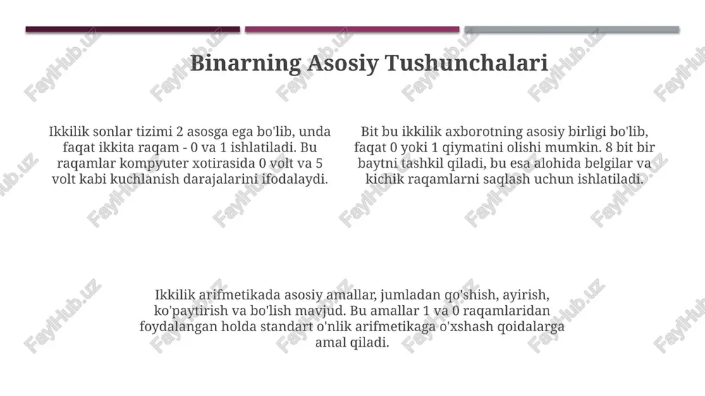 shlash va uzatish uchun samaradorlikni oshiradi. binar tafsiflashning afzalligi - bu ma'lumotlarni ixcham saqlash imkoniyati, masalan, 1 va 0 yordamida har qanday matn, rasm yoki dastur kodini ifodalash mumkin. binar tafsiflashning kamchiligi shundaki, inson uchun o'qish va tushunish qiyin bo'lishi mumkin; kodni tahlil qilish uchun maxsus vositalar yoki bilimlar talab etiladi. mashhur binar tafsirlash holatlari mars climate orbiter halokati 1999-yilda metrik va ingliz o'lchov birliklarining mos kelmasligi sababli yuz berdi, bu 125 million dollarlik kosmik kemaning yo'qolishiga olib keldi. therac-25 radiatsiya terapiyasi apparati 1980-yillarda kamchiliklar tufayli haddan tashqari radiatsiya berib, kamida 6 nafar bemorga zarar yetkazdi, ulardan 3 nafari vafot etdi. ariane 5 raketasining 501 parvozi 1996-yilda dasturiy ta'minot xatosi sababli qisqa vaqt ichida o'z yo'nalishini yo'qotib, o'zini-o'zi yo'q qildi. xatolik 64 bitlik sondan 16 bitlik songa o'tkazishda yuzaga keldi. keyingi qadamlar: o'rganish resurslari "python binary data cookbook" kitobi binar ma'lumotlarni tahlil qilish uchun 300 dan ortiq misollar va retseptlar …