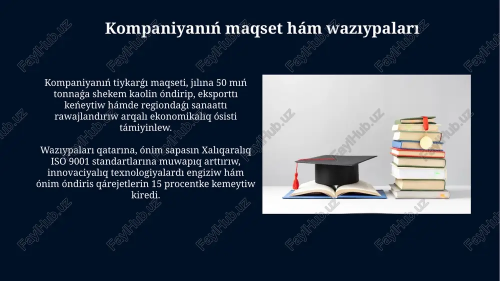 bólimi ushın tiykarǵı baylanıs sanı esaplanadı. kompaniyanıń elektronnaya pochtası info@angrenkaolin.uz arqalı baylanıs ornatiw múmkin, bunda kommerciya usınısların hám sorawların jiberiwge boladı. juwmaq hám juwmaqlar "juwmaq hám juwmaqlar" – bul qaraqalpaq folklorında keń tarqalǵan janr bolıp, ol 7-8 qatardan ibarat boladı hámde oylaw qábiletin rawajlandırıwǵa xızmet etedi. juwmaqlarda 3 túrli usıl qollanıladı: metafora, salıstırıw, personifikasiya. mısalı, "aq üyde 40 batır" juwmaǵı – kitap hám onıń betleri haqqında aytılǵan. nazariңiz үshіn raxmet image5.png image6.jpg image7.jpg image8.jpg image9.jpg image10.jpg image11.jpg image12.jpg image13.jpg image14.jpg image15.jpg image16.jpg image17.jpg image18.jpg image19.jpg image20.jpg image21.jpg image22.jpg image4.jpeg