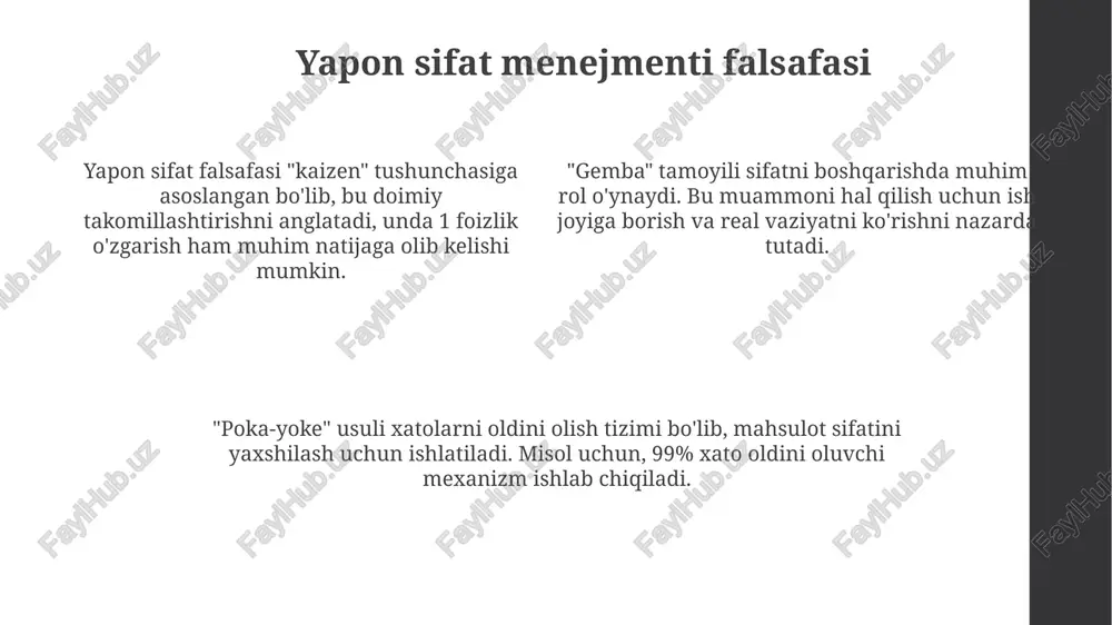 laydi. ushbu usul ortiqcha inventarni kamaytiradi, chunki materiallar faqat kerak bo'lganda yetkazib beriladi, bu esa xarajatlarni tejash va samaradorlikni oshirishga olib keladi. yapon uslublarini qo'llash bo'yicha misollar canon sifat nazorati davralari yordamida ishchilar muammolarni aniqlash va hal qilish uchun guruhlarda ishlashadi, bu esa mahsulot sifati va ish samaradorligini oshiradi. toyota kompaniyasi "5 nega" usulidan foydalanadi, bu muammoning asosiy sababini topish uchun "nega?" degan savolni kamida besh marta berishni o'z ichiga oladi. kaizen tamoyillari nissan kompaniyasida ishlab chiqarish jarayonlarini doimiy takomillashtirish uchun qo'llaniladi, bu esa mahsulot sifati va samaradorligini oshirishga yordam beradi. xulosa xulosa sifatni doimiy yaxshilashga qaratilgan kaizen tamoyillari, mas'uliyatni oshirishga undaydigan 5s tizimi va xarajatlarni kamaytirishga yo'naltirilgan just-in-time ishlab chiqarishni qamrab oladi. umumiy xulosa shuni ko'rsatadiki, yapon uslubi xarajatlarni minimallashtirish bilan birga mahsulot sifatini oshirishga qaratilgan, bu esa biznes samaradorligini 20-30 foizga oshirishi mumkin. yakuniy xulosada ta'kidlanishicha, sifat menejmentining yapon usuli yaponiyaning 1980-yillardan boshlab jahon bozorida raqobatbardoshligini oshirishga sezilarli …