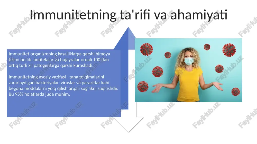 o'ziga xos kasallikka qarshi himoya immunitetini shakllantiradi. bu tibbiyotning muhim profilaktika chorasidir. immunitetni mustahkamlash usullari ratsionga 5 porsiya meva va sabzavot kiritish, ularning tarkibidagi a, c va e vitaminlari, shuningdek, antioksidantlar immunitet hujayralari faoliyatini yaxshilaydi va infeksiyalarga qarshi kurashadi. har kuni 7-8 soat uxlash immunitetni mustahkamlaydi, chunki uyqu sitokinlar ishlab chiqarishni ko'paytiradi, bu oqsillar yallig'lanishni kamaytiradi va immunitet reaksiyasini tartibga soladi. xulosa xulosa shuni koʻrsatadiki, immunitetning 2 asosiy turi, tugʻma va orttirilgan, organizmni turli xil patogenlardan himoya qilishda muhim rol oʻynaydi. olingan ma’lumotlar asosida, vaktsinalar orttirilgan immunitetni shakllantirishda muhim ahamiyatga ega, chunki ular 95% gacha yuqumli kasalliklarga qarshi samarali himoya ta'minlaydi. e'tiboringiz uchun rahmat image5.jpg image6.jpg image7.jpg image8.jpg image9.jpg image10.jpg image11.jpg image12.jpg image13.jpg image14.jpg image15.jpg image16.jpg image17.jpg image18.jpg image4.png image19.jpg image20.jpg image21.jpg image1.jpeg image2.jpeg