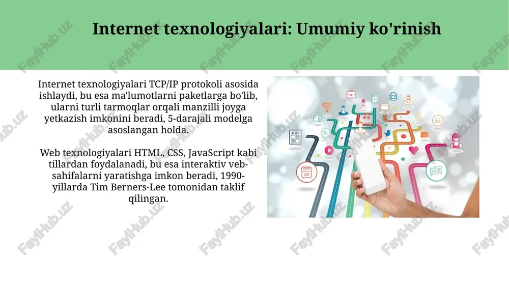 iyalari sun’iy intellekt (ai) va mashinani o’rganish (ml) texnologiyalari 2024 yildan boshlab professional faoliyatning ko’p qismini avtomatlashtiradi, bu esa ish unumdorligini 30% ga oshiradi. 6g simsiz aloqa texnologiyasining rivojlanishi 2030 yilga kelib ma’lumot uzatish tezligini 100 barobarga oshiradi, bu esa masofaviy hamkorlikni sezilarli darajada yaxshilaydi. xulosa va savol-javoblar xulosa qismida asosiy fikrlarni jamlang, 3-5 ta muhim nuqtaga e'tibor qarating va internet texnologiyalarining 21-asr kasbiy faoliyatidagi ahamiyatini ta'kidlang. savol-javoblar sessiyasi davomida tinglovchilarning 10 daqiqadan ortiq bo'lmagan savollariga aniq va qisqa javob bering, jumladan, vpn, cloud xizmatlar va ai vositalari haqida. e'tiboringiz uchun rahmat image2.jpg image3.jpg image4.jpg image5.jpg image6.jpg image7.jpg image8.jpg image9.jpg image10.jpg image11.jpg image12.jpg image13.jpg image14.jpg image15.jpg image16.jpg image17.jpg image18.jpg