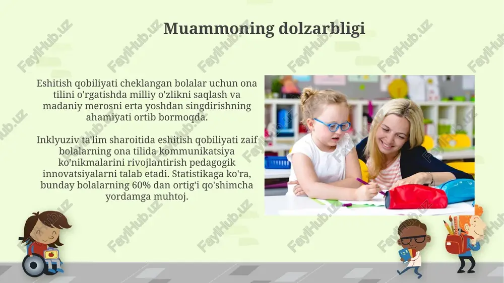 yengish yo'llari qiyinchilik: nutqni shakllantirishdagi kechikish, ayniqsa, erta aralashuv 0-3 yoshda bo'lmasa. yechim: intensiv logopedik mashg'ulotlar, vizual qo'llanmalar (rasmlar, imo-ishoralar) va texnologik yordam. qiyinchilik: lug'at boyligining cheklanganligi, tushunchalarni anglashdagi qiyinchiliklar. yechim: tematik lug'at darslari, rol o'yinlari va amaliy topshiriqlar orqali so'z boyligini kengaytirish, 6-7 yoshda asosiy tushunchalarni o'rgatish. xulosa va tavsiyalar ona tilini o'qitishda 80% vizual materiallardan foydalanish, 20% esa taktil usullardan foydalanish tavsiya etiladi, darsning samaradorligini oshirish uchun. eshitish qobiliyati zaif bolalar uchun o'qitishda 3 ta asosiy metod: imo-ishoralar tili, daktilologiya va og'zaki metodlardan kompleks foydalanish kerak. e'tiboringiz uchun rahmat image7.jpg image8.jpg image9.jpg image10.jpg image11.jpg image12.jpg image13.jpg image14.jpg image15.jpg image16.jpg image17.jpg image18.jpg image19.jpg image20.jpg image21.jpg image22.jpg image23.jpg image5.png