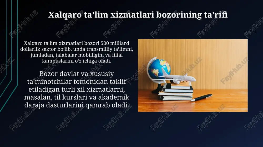 da, ta'lim muassasalari uchun 10 yillik prognozlar va demografik o'zgarishlarni hisobga olgan holda, mintaqaviy talablarni qondirish uchun moslashuvchan o'quv dasturlarini ishlab chiqish muhimligi ta'kidlanishi zarur. xulosa xulosa bozorning 2023-yildagi hajmi 250 milliard aqsh dollariga baholanib, 2030-yilga kelib cagr 8% bilan 430 milliard dollarga yetishi kutilmoqda, bu sezilarli o'sishni ko'rsatadi. raqobatbardoshlik muhitida 5 ta eng yaxshi xalqaro ta'lim xizmatlari provayderlari bozor ulushining 35% ni egallaydi, bu esa kichikroq o'yinchilar uchun innovatsiyalar zarurligini ta'kidlaydi. e'tiboringiz uchun rahmat image2.jpg image3.jpg image4.jpg image5.jpg image6.jpg image7.jpg image8.jpg image9.jpg image10.jpg image11.jpg image12.jpg image13.jpg image14.jpg image15.jpg image16.jpg image17.jpg image18.jpg