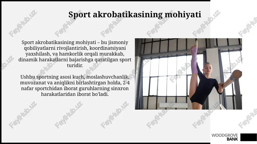 sizlik sport akrobatikasida gimnastikachilarning xavfsizligi, ayniqsa, parvoz elementlarida 8-10 sm qalinlikdagi maxsus himoya matlaridan foydalanish orqali ta'minlanadi. mashg'ulotlarda tajribali murabbiy nazorati zarur, chunki u gimnastikachining tayyorgarlik darajasini baholaydi va 2-3 yillik mashg'ulotlardan so'ng murakkab elementlarni o'rgatadi. woodgrove bank sport akrobatikasining afzalliklari sport akrobatikasi jismoniy kuch, moslashuvchanlik va muvozanatni rivojlantirishga yordam beradi, bu esa 2-darajali tayyorgarlik ko'nikmalarini shakllantiradi. u jamoaviy ishlashni o'rgatadi, sheriklar o'rtasida ishonch, mas'uliyat va 3-darajali o'zaro yordam hissini kuchaytiradi. woodgrove bank xulosa sport akrobatikasi yakuni shuni ko'rsatadiki, 12-18 yoshdagi sportchilar jamoaviy harakatlar orqali 9-10 ballik murakkab elementlarni bajarishga qodir. xulosa qilib aytganda, sport akrobatikasi 3-4 nafar sportchining hamkorligida 8-9 xil dinamik va muvozanat elementlarini namoyish etishga imkon beradi. woodgrove bank e'tiboringiz uchun rahmat woodgrove bank image2.jpg image3.jpg image4.jpg image5.jpg image6.jpg image7.jpg image8.jpg image9.jpg image10.jpg image11.jpg image12.jpg image13.jpg image14.jpg image15.jpg image16.jpg image17.jpg image18.jpg