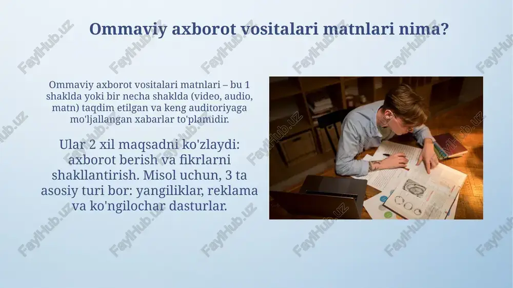 : 1-bosqichda, afishadagi ramzlarni va ranglar palitrasining ahamiyatini aniqlang, 2-bosqichda ularning xabarni qanday shakllantirishini baholang. media matnlarni tanqidiy tahlil qilishda, "180 gradus qoida" kabi kinematografiya usullarini va ularning auditoriyaga ta'sirini, jumladan, identifikatsiya va his-tuyg'ularni ta'kidlang. e'tiboringiz uchun rahmat image4.png image6.jpg image7.jpg image8.jpg image9.jpg image10.jpg image11.jpg image12.jpg image13.jpg image14.jpg image15.jpg image16.jpg image17.jpg image18.jpg image19.jpg image20.jpg image21.jpg image22.jpg image3.jpeg
