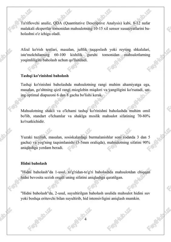 ta'm bilish qobiliyati va kommunikatsiya ko'nikmalarini baholash muhim. kamida 10-15 nafar potensial panelist skriningdan o'tkaziladi. trening davomida panelistlarga sezgi organlari orqali baholash usullari, xususan, 'differential' testlar va 'descriptive analysis' kabi texnikalar 2-3 kun davomida o'rgatiladi. panelistlarni o'qitishda standart namunalar bilan tanishtirish, baholash shakllarini to'ldirish va natijalarni tahlil qilish bo'yicha mashqlar o'tkazilib, 5-10 marta takrorlanadi. ma'lumotlarni tahlil qilish ma'lumotlarni tahlil qilishda anova (variance tahlili) usuli, o'rtacha ko'rsatkichlar farqini aniqlash uchun, p 0.05 darajasida ahamiyatlilikni tekshiradi. sensorli baholash natijalarini tahlil qilishda, friedman testi non-parametrik ma'lumotlar uchun ishlatiladi, chunki ular normal taqsimotga ega bo'lmasligi mumkin. ma'lumotlarni vizualizatsiya qilish uchun radar diagrammalari (spider charts) ishlatiladi, bu mahsulotlarning turli sensorli xususiyatlarini solishtirish imkoniyatini beradi. sensorni baholashda muammolar va yechimlar sensor baholashda ekspertlarning sub'ektivligi 1-muammoligicha qolmoqda; yechimi: turli xil baholovchilarni qo'llash va natijalarni statistik tahlil qilish orqali aniqlikni oshirish mumkin. mahsulotning rangsizlanishi yoki strukturaviy o'zgarishi kabi sifat o'zgarishlari 2-muammolikdir. yechimi: vizual baholashda standart rang namunalari va …