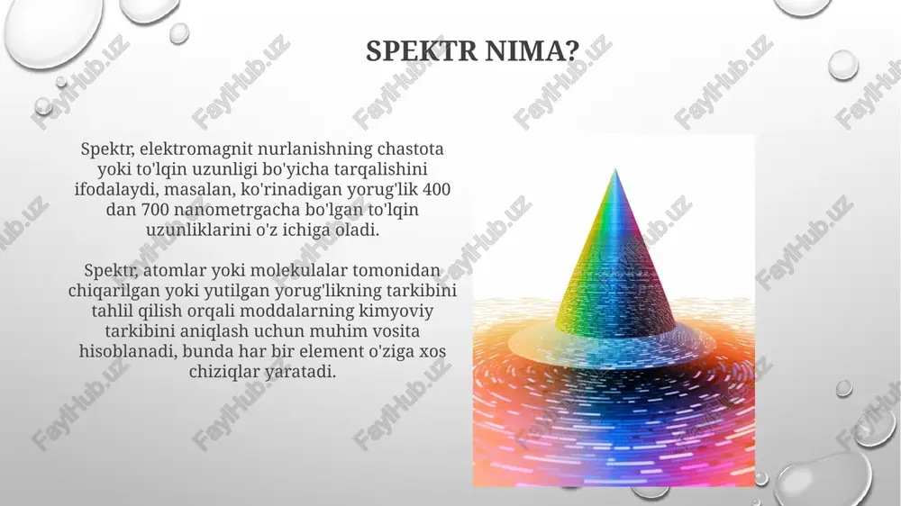 imotiga qarab belgilanadi. galaktikalar va kvazarlarning qizil siljishini oʻlchash uchun uzluksiz spektrning shakli tahlil qilinadi; bu qizil siljish obyektning yerga nisbatan uzoqlashish tezligini koʻrsatadi. spektroskopiya spektroskopiya moddaning elektromagnit nurlanish bilan o'zaro ta'sirini o'rganadi, xususan, yutilish va emissiya spektrlarini tahlil qilib, uning tarkibi va xususiyatlari haqida ma'lumot beradi. atom emissiya spektroskopiyasi, aes, namunani yuqori haroratga (2000-10000 k) qizdirish orqali atomlarning yorug'lik chiqarishini o'lchaydi, har bir elementga xos to'lqin uzunliklarida. xulosa xulosa shuni ko'rsatadiki, 400 dan 700 nm gacha bo'lgan ko'rinadigan yorug'lik spektrning uzluksizligi tajribaviy kuzatuvlar bilan tasdiqlangan muhim tushunchadir. har qanday haroratdagi qora jism uzluksiz spektrni chiqaradi, bu plankning qonuni bilan tavsiflanadi, intensivlik esa to'lqin uzunligi va 5778 k haroratga bog'liq. e'tiboringiz uchun rahmat image2.png image5.jpg image6.jpg image7.jpg image8.jpg image9.jpg image10.jpg image11.jpg image12.jpg image13.jpg image14.jpg image15.jpg image16.jpg image17.jpg image18.jpg image19.jpg image20.jpg image21.jpg image3.png
