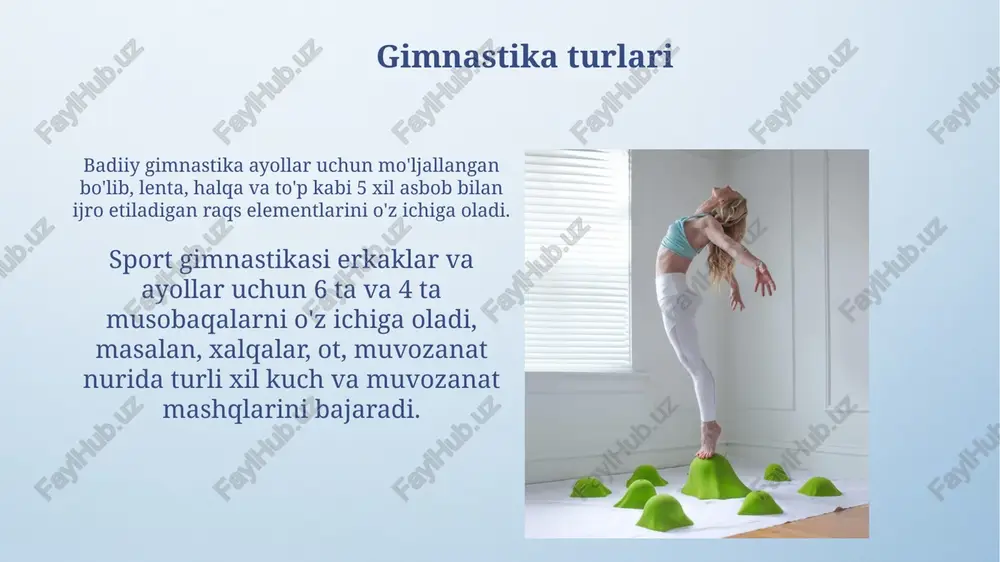 g harakat diapazonini oshirish, masalan, 180 graduslik split yoki egilish orqali erishiladi, bu esa 10-15 daqiqalik muntazam mashqlar orqali yaxshilanadi. egiluvchanlik tana a'zolarining cho'zilish qobiliyatini ifodalaydi va 2 asosiy turga bo'linadi: statik, 30 soniyagacha ushlab turish va dinamik, harakat davomida cho'zilishni o'z ichiga oladi. xulosa xulosa, mashq natijalarini yakunlaydi, 9.0 dan yuqori ball olish uchun har bir element aniq va nazorat ostida bajarilishi lozim, chunki kichik xatolar katta jarimalarga olib kelishi mumkin. xulosa, gimnastikachining muvaffaqiyatini aks ettiradi, yakuniy harakatlarning 1-2 soniyalik qismi gimnastikachining mahoratini, muvozanatini va umumiy boshqaruvini ko'rsatadi. e'tiboringiz uchun rahmat image4.png image6.jpg image7.jpg image8.jpg image9.jpg image10.jpg image11.jpg image12.jpg image13.jpg image14.jpg image15.jpg image16.jpg image17.jpg image18.jpg image19.jpg image20.jpg image21.jpg image22.jpg image3.jpeg