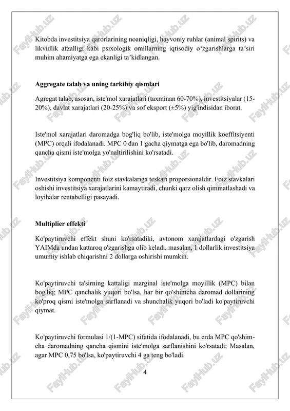 ynschilikka bo'lgan ishonchni kamaytirdi, bu esa monetarizm va yangi klassik iqtisod kabi alternativalarning paydo bo'lishiga sabab bo'ldi, lekin u umuman yo'qolmadi. keynschilikka qarshi tanqidlar keynschilik inflyatsiyani nazorat qilishda muvaffaqiyatsizlikka uchraydi, chunki 1970-yillarda stagflyatsiya davrida ko'rsatilganidek, u talabni rag'batlantirishga juda katta e'tibor beradi. keynschilik byurokratiyani kuchaytiradi va xususiy sektorni siqib chiqaradi, davlatning katta aralashuvi 2008-yilgi moliyaviy inqirozdan keyin kuzatilganidek, samaradorlikni pasaytiradi. ba'zilar keynschilik davlat qarzi ortishiga olib keladi, deb ta'kidlaydi, chunki fiskal rag'batlantirishlar 1930-yillardagi buyuk depressiyadan beri ko'plab mamlakatlarda defitsitni keltirib chiqarishi mumkin. keynsning merosi: zamonaviy iqtisodiyotga ta'siri keynesning fiskal siyosatga urg'usi, ayniqsa, davlat xarajatlarining o'sishi orqali, 2008-yilgi global moliyaviy inqiroz davrida stimulyatsiya paketlarini yaratishda muhim rol o'ynadi. keynesning "hayvoniy ruhlar" tushunchasi investorlar kayfiyatining o'zgaruvchanligini ta'kidlab, fond bozorlarining 1987-yildagi qulashi va keyingi tiklanishining sabablarini tushuntirishga yordam beradi. keynesning makroiqtisodiyotga bo'lgan yondashuvi, talabni boshqarishga e'tibor qaratishi orqali, 1960-yillarda "go-go years" iqtisodiy o'sishini ta'minladi, ammo 1970-yillarda inflyatsiya muammolarini keltirib chiqardi. keynschilik va global …