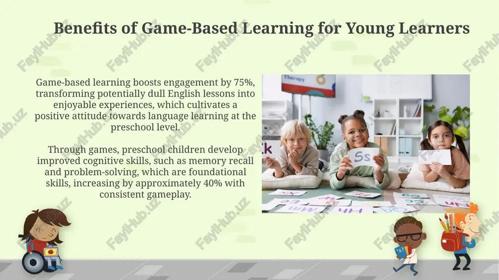 e formation, meeting diverse skill levels. incorporate sensory elements like textured letters or sound-producing toys to support children with visual or auditory processing needs; offering inclusive 5-sense learning. conclusion: making english learning fun and effective by incorporating 2 or 3 engaging games per lesson, educators can foster positive associations with english, boosting motivation by 75% and creating lasting linguistic foundations. integrating active learning, such as simon says or hokey pokey, helps children retain approximately 60-80% of new vocabulary, surpassing traditional rote memorization methods. thank you for your attention image7.jpg image8.jpg image9.jpg image10.jpg image11.jpg image12.jpg image13.jpg image14.jpg image15.jpg image16.jpg image17.jpg image18.jpg image19.jpg image20.jpg image21.jpg image5.png