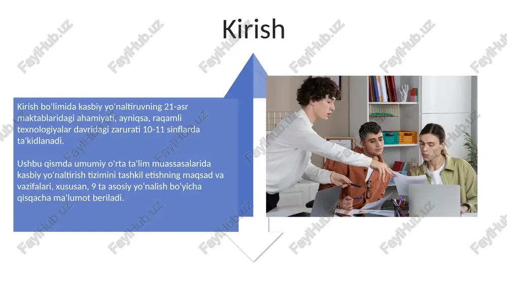 i hisoblanadi. ushbu tajriba almashish jarayoni davomida, kamida 5 xil muvaffaqiyatli kasbga yo‘naltirish dasturlari va metodikalariga oid ma’lumotlar tahlil qilinadi va o‘rganiladi. kutilayotgan natijalar o'quvchilarning 15%igacha kasbiy yo'nalish bo'yicha aniq qarorga kelishida qiyinchiliklar kuzatilmoqda, bu ularning kelajakdagi kasbiy faoliyatida noaniqliklarni keltirib chiqarishi mumkin. so'rov natijalariga ko'ra, o'quvchilarning 20-25%i kasbiy yo'naltiruvchi tadbirlarning yetarli emasligidan shikoyat qilmoqda, bu ularning kasb tanlashdagi xabardorligini cheklaydi. xulosa xulosa – kasbiy yo'naltirish dasturlarining samaradorligini baholash, natijalarni tahlil qilish va kelgusi rejalar uchun takliflar ishlab chiqishning muhim bosqichidir. xulosa jarayonida o'quvchilarning kasbiy qiziqishlari, qobiliyatlari va kelajakdagi kasbiy yo'nalishlari bo'yicha 70-80% aniqlikka erishish muhim. e'tiboringiz uchun rahmat image5.jpg image6.jpg image7.jpg image8.jpg image9.jpg image10.jpg image11.jpg image12.jpg image13.jpg image14.jpg image15.jpg image16.jpg image17.jpg image18.jpg image4.png image19.jpg image20.jpg image21.jpg image1.jpeg image2.jpeg
