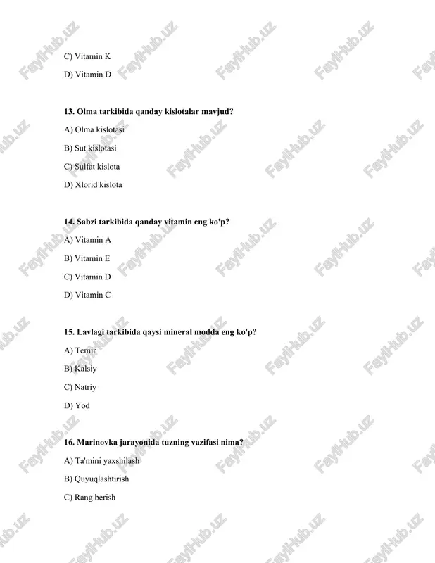 olma b) o'rik c) shaftoli d) nok 49. marinadlangan tomatlarni tayyorlashda nechta sirka kislotasi ishlatiladi? a) 5-6% b) 9% c) 1-2% d) 12% 50. qaysi sabzavotni pishirishdan oldin tozalash shart emas? a) tomat b) kartoshka c) lavlagi d) sabzi javoblar: № javoblar 1 c 2 a 3 b 4 c 5 c 6 d 7 c 8 c 9 b 10 a 11 c 12 b 13 a 14 a 15 a 16 d 17 b 18 c 19 b 20 b 21 b 22 a 23 a 24 d 25 d 26 c 27 a 28 c 29 d 30 d 31 a 32 d 33 d 34 d 35 b 36 a 37 b 38 c 39 c 40 c 41 d 42 a 43 b 44 d 45 a 46 b 47 d 48 b 49 b 50 a /docprops/thumbnail.jpeg