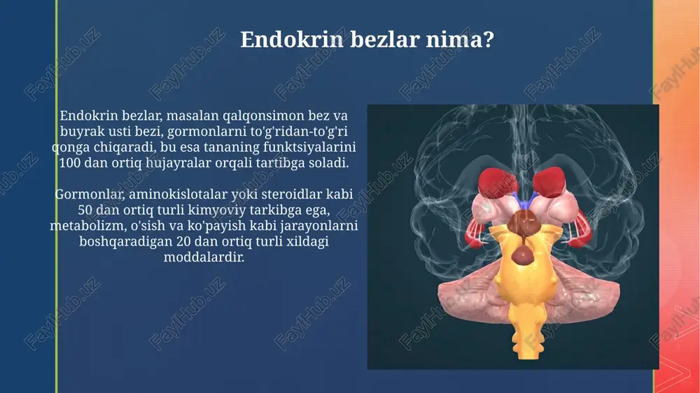 aklida, endokrin bezlar tomonidan qonga sekretsiyalanadi va bu metabolizmni boshqarishda muhim ahamiyatga ega. umumiy xulosa shuni ko'rsatadiki, 24 soatlik davrda gormonlar miqdori o'zgarishi mumkin, masalan, kortizol erta tongda 15 mkg/dl ga ko'tariladi va bu fiziologik jarayonlar bilan bog'liq. savollar va javoblar savollar va javoblar sessiyalari o'quvchilarga 360 daraja bilim olish imkoniyatini beradi, chunki bu erda turli xil fikrlar tahlil qilinadi. ilmiy tadqiqotlarda savol-javoblar 75% gacha yaxshiroq tushunish va xotirada saqlash ko'rsatkichlarini ta'minlaganligi aniqlangan. e'tiboringiz uchun rahmat image5.jpg image6.jpg image7.jpg image8.jpg image9.jpg image10.jpg image11.jpg image12.jpg image13.jpg image14.jpg image15.jpg image16.jpg image17.jpg image18.jpg image19.jpg image20.jpg image21.jpg image1.png image2.png