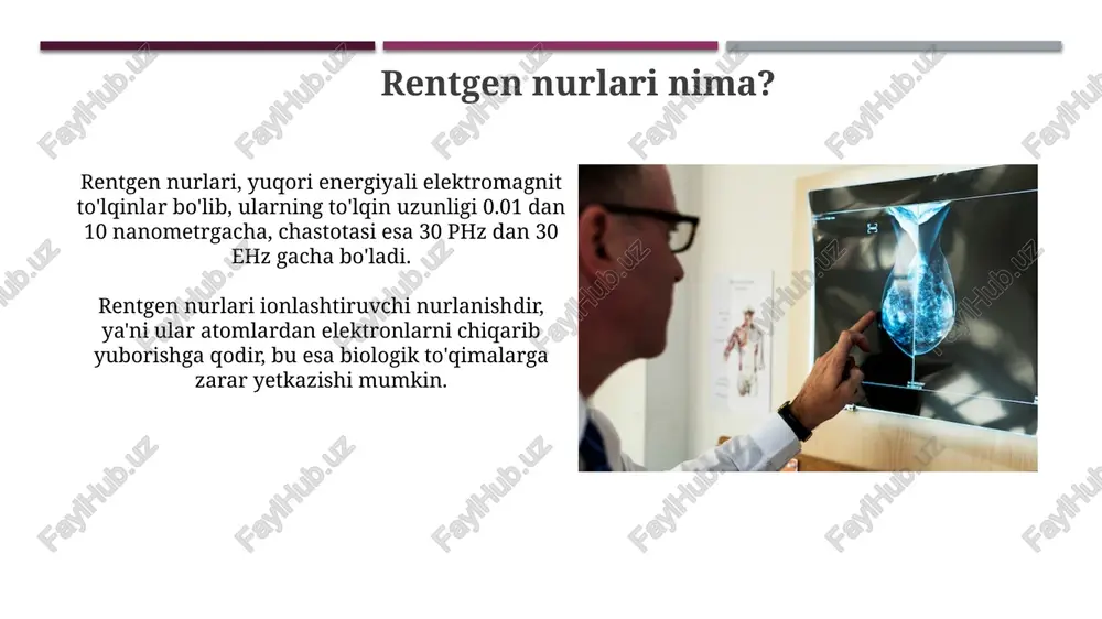 heklash uchun ishlatiladi, bu bemorning nurlanishini kamaytiradi va 0,5 mm qo'rg'oshin qalinligi bilan ta'minlanishi mumkin. kollimatsiya tasvir sifati yaxshilanishiga yordam beradi, chunki u sochilish nurlanishini kamaytiradi, bu esa tasvirning aniqligini oshiradi va 1-2 sm gacha qisqartiriladi. rentgen nurlari ishlab chiqarish samaradorligi rentgen nurlarining ishlab chiqarish samaradorligi juda past, odatda 1% dan kamroq bo'ladi. asosan, elektron energiyasi issiqlikka aylanadi, nurlanish emas. yuqori atom raqamli materiallardan (masalan, volfram) anod sifatida foydalanish rentgen nurlari ishlab chiqarish samaradorligini biroz oshiradi, chunki ular ko'proq foton chiqaradi. xavfsizlik choralari rentgen nurlari bilan ishlayotganda, shaxsiy himoya vositalaridan, masalan, qo‘rg‘oshin apronlari va qo‘lqoplaridan foydalanish, nurlanish ta’sirini sezilarli darajada kamaytirish uchun juda muhimdir. xonalarni qo‘rg‘oshin bilan qoplash va nur yo‘nalishini to‘g‘ri sozlash kabi muhandislik nazoratlari, ishchilar va bemorlar uchun ruxsat etilgan 50 msv dan kam dozalarda nurlanishning minimal bo‘lishini ta’minlaydi. e'tiboringiz uchun rahmat image2.jpg image3.jpg image4.jpg image5.jpg image6.jpg image7.jpg image8.jpg image9.jpg image10.jpg image11.jpg image12.jpg image13.jpg image14.jpg image15.jpg image16.jpg image17.jpg …