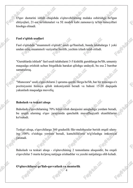 aratish orqali tarixiy davrlarni, ilmiy jarayonlarni va yangi joylarni kashf qilish imkonini beradi. o'quv jarayonida sun'iy intellekt (ai) o'qituvchilarga talabalarning o'zlashtirish darajasini aniqlash, moslashtirilgan o'quv dasturlarini tuzish va 24/7 yordam berishda yordam berishi mumkin. o'qitishda ijodkorlik o'qitishda ijodkorlik 21-asr pedagogikasining asosi bo'lib, o'qituvchilarni yangi metodlar, texnologiyalar va o'quv materiallarini yaratishga undaydi, bu esa o'quv jarayonini qiziqarli qiladi. ijodiy o'qitish 3 bosqichda amalga oshiriladi: g'oyalarni shakllantirish, ularni sinovdan o'tkazish va eng samarali usullarni qo'llash, bunda o'quvchilarning ehtiyojlari 100% hisobga olinadi. o'qituvchining ijodiy salohiyatini rivojlantirish uchun 7 xil mashqlar mavjud: brainstorming, rol o'yinlari va muammolarni hal qilish, bu esa 99% hollarda darsni interaktiv qiladi. muammoli vaziyatlarni hal qilish muammoli vaziyatlarda echimlarni topishda '5 why' texnikasidan foydalanish, asl sababni aniqlashga yordam beradi, takroriy savollar orqali, masalan, 3-5 marta. creative problem solving modeli 6 bosqichdan iborat: vaziyatni aniqlash, ma'lumot to'plash, g'oyalar yaratish, yechimlarni baholash, rejalashtirish va amalga oshirish. muammolarni hal qilishda swot tahlilidan foydalanish, …