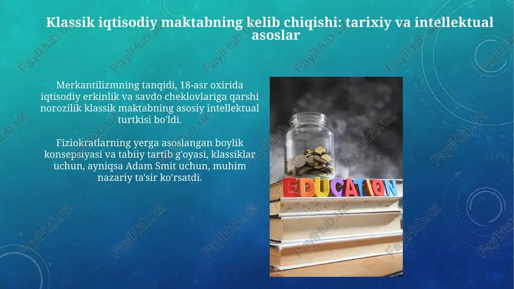 azariyalarni shakllantirdi. matematik modellarning qo'llanilishi iqtisodiyotni aniq fan sifatida mustahkamladi, xususan, 1890-yilda alfred marshallning 'iqtisodiyot printsiplari' asari muhim rol o'ynadi. klassik iqtisodiy maktabning zamonaviy ahamiyati klassik iqtisodiyotning erkin bozor tamoyillari global savdoni shakllantiradi, mamlakatlar o'rtasida samarali resurs taqsimotiga 1776 yildagi "millatlar boyligi" asariga mos keladi. davlatning iqtisodiyotga aralashmaslik g'oyasi (laissez-faire) soliqlarni 20%dan kamaytirib, xususiy investitsiyalarni rag'batlantiradi va 19-asrda sanoat inqilobiga turtki bo'ladi. xulosa klassik maktab iqtisodiy o'sishni ta'minlash uchun erkin bozor va kam davlat aralashuvini qo'llab-quvvatladi, bu esa 18-19-asrlarda muhim ahamiyatga ega edi. adam smitning «xulosa»si bozor mexanizmlarining ahamiyatini ta'kidlaydi, lekin hukumatning monopoliyalarga qarshi kurashish va ijtimoiy himoya funktsiyalarini tan oladi. e'tiboringiz uchun rahmat image2.png image5.jpg image6.jpg image7.jpg image8.jpg image9.jpg image10.jpg image11.jpg image12.jpg image13.jpg image14.jpg image15.jpg image16.jpg image17.jpg image18.jpg image19.jpg image20.jpg image21.jpg