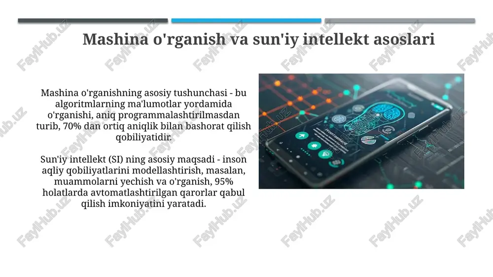 orqali qaysi mahsulotlar birgalikda sotib olinishini aniqlash, sotuvni optimallashtirish uchun. sun'iy intellektga asoslangan chatbotlar mijozlarga 24/7 xizmat ko'rsatish imkoniyatini beradi, savollarga javob beradi va mahsulotlar bo'yicha tavsiyalar beradi, bu esa mijozlarning qoniqish darajasini oshiradi. mobil ilovalarda mashina o'rganishni amalga oshirish muammolari mobil qurilmalardagi cheklangan hisoblash quvvati tufayli katta hajmdagi ma'lumotlarni qayta ishlash uchun optimallashtirilgan, yengil ml modellari talab etiladi. batareya quvvati cheklanganligi sababli, ml algoritmlarini energiya tejovchi qilish muhim, aks holda foydalanuvchi tajribasi sezilarli darajada yomonlashadi. kelajakdagi tendentsiyalar 5g va undan keyingi aloqa tezliklari mobil ilovalarda ai va ml algoritmlarini sinovdan o'tkazish, real vaqtda tahlil hamda chekka hisoblashni faollashtirish orqali transformatsiyani tezlashtiradi. avtomatik mashina o'rganish (automl) vositalari mobil ilovalar ishlab chiquvchilariga ai/ml ekspertizasiz, shaxsiy ilovalar uchun moslashtirilgan modellar yaratish, rivojlantirish siklini 20-30 foizga tezlashtirish imkonini beradi. xulosa xulosa shuni ko'rsatadiki, mobil ilovalarda ml/ai algoritmlaridan foydalanish tajriba sifatini sezilarli darajada oshiradi, masalan, 30% ga yaxshiroq tavsiyalar va 25% ga yuqori samaradorlikka …