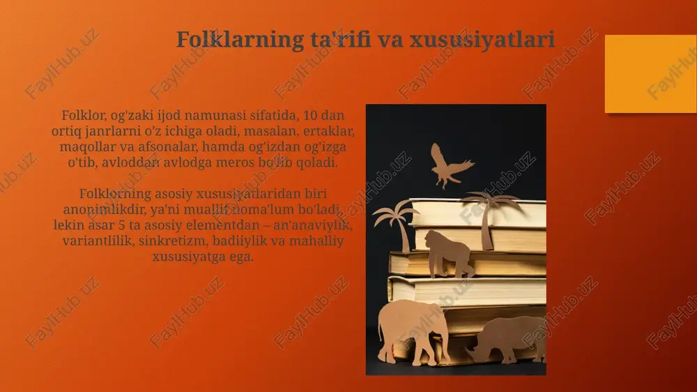 ning yakuniy qismi bo'lib, unda asosiy topilmalar va tahlillar 15-25 ta so'z bilan qisqacha umumlashtiriladi, tadqiqotning ahamiyati ta'kidlanadi. "xulosa"ning vazifasi 20 dan 30 tagacha so'z orqali o'quvchilarga tadqiqotning asosiy natijalari va ularning amaliy ahamiyati haqida aniq tushuncha berishdan iboratdir. savol-javoblar “savol-javoblar” janri o‘zbek folklorida keng tarqalgan bo‘lib, unda 2 yoki undan ortiq shaxslar o‘rtasida savol va javob shaklida dialog bo‘ladi. bu janrning 3 asosiy maqsadi bor: tinglovchining bilimini oshirish, zukkoligini namoyish etish va qiziqarli bahs-munozaralar orqali didaktik saboq berish. e'tiboringiz uchun rahmat image2.png image5.jpg image6.jpg image7.jpg image8.jpg image9.jpg image10.jpg image11.jpg image12.jpg image13.jpg image14.jpg image15.jpg image16.jpg image17.jpg image18.jpg image19.jpg image20.jpg image21.jpg image3.png