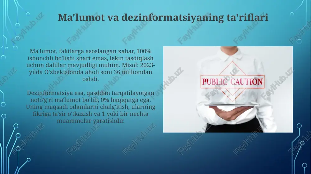tlarni aniqlash qobiliyatini yaxshilashi mumkin. hukumatlar va nntlar 2023-yilgi tadqiqotga ko'ra, faktlarni tekshirish tashabbuslarini qo'llab-quvvatlash orqali dezinformatsiyaga qarshi samarali kurashishlari mumkin, bu esa 55% gacha ta'sirni kamaytiradi. qonunchilik va axloqiy me'yorlar qonunchilik me'yorlari axborotni tarqatishni tartibga soladi, masalan, o'zbekiston respublikasining konstitutsiyasi 29-moddasi so'z erkinligini kafolatlaydi, lekin yolg'on ma'lumot tarqatishga yo'l qo'ymaydi. axloqiy me'yorlar faktlarni buzmaslikni, shaffoflikni va manbalarni ko'rsatishni talab qiladi, ayniqsa ijtimoiy ahamiyatga ega bo'lgan 168-sonli qarorga muvofiq axborot tarqatishda. xulosa: ma'lumot muhitida mas'uliyat axborot muhitida mas'uliyat, faktlar va raqamlarni (70%) tekshirish, tasdiqlash va noto'g'ri ma'lumotlarni (30%) filtrlash orqali amalga oshiriladi. ijtimoiy tarmoqlarda axborotni tarqatishda ehtiyotkorlik talab etiladi: har bir foydalanuvchi 95% aniqlik darajasiga intilib, manbalarni baholashi kerak. e'tiboringiz uchun rahmat image4.jpg image5.jpg image6.jpg image7.jpg image8.jpg image9.jpg image10.jpg image11.jpg image12.jpg image13.jpg image14.jpg image15.jpg image16.jpg image17.jpg image18.jpg image19.jpg image20.jpg image1.png