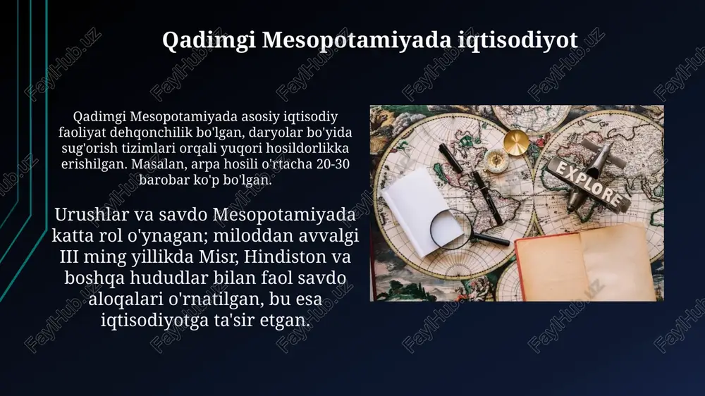 llarda nil daryosining toshqinlari kamayishi sababli qishloq xo'jaligi mahsulotlari pasayishi iqtisodiyotni susaytirdi. iqtisodiy fikrga qo'shilgan hissa iqtisodiy fikrga ibn xaldunning 'muqaddima' asari katta hissa qo'shgan, unda u davlatlarning 4-avlodlik siklini tahlil qilib, iqtisodiy rivojlanishga e'tibor qaratgan. al-farobiy 'fozil odamlar shahri' asarida ideal jamiyatda mehnat taqsimoti va iqtisodiy adolat tamoyillarini o'rganib, samarali resurslarni taqsimlashni targ'ib qilgan. xulosa xulosa qismi, qadimgi dunyo iqtisodiyotining asosiy tamoyillarini, masalan, qishloq xo'jaligi ustuvorligi va ayirboshlashning ahamiyatini ta'kidlab, umumlashtiradi. xulosa qadimgi jamiyatlarda resurslarni taqsimlash, mehnat unumdorligi va savdo aloqalari kabi iqtisodiy faoliyatning natijalarini muhokama qiladi. e'tiboringiz uchun rahmat image2.jpg image3.jpg image4.jpg image5.jpg image6.jpg image7.jpg image8.jpg image9.jpg image10.jpg image11.jpg image12.jpg image13.jpg image14.jpg image15.jpg image16.jpg image17.jpg image18.jpg