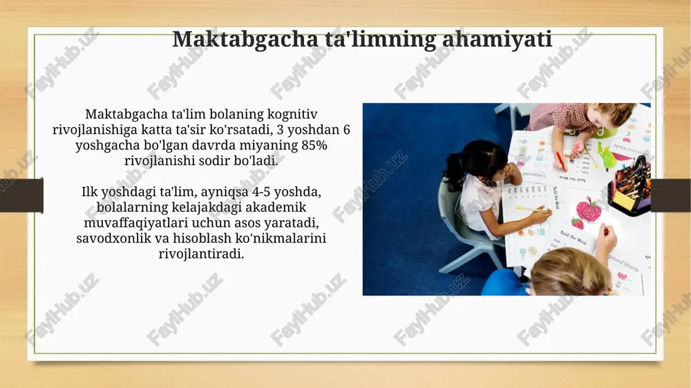 raf etish uchun muntazam ravishda logoped bilan mashg‘ulotlar o‘tkazish, 1-2 yillik davrda natija beradi. bolalarda diqqat yetishmasligi va giperfaollik sindromi (dehb) 3-6 yoshda aniqlanadi; kognitiv terapiya va xulq-atvorni boshqarish usullari bilan 60-70% hollarda yaxshi natijaga erishiladi. xulosa maktabgacha taʼlimning yakuniy xulosasi: bolaning 5-6 yoshga kelib, oʻzini-oʻzi anglash, 10 tagacha oddiy topshiriqlarni bajarish qobiliyati shakllanishi kerak. erta rivojlanish dasturlari (0-3 yosh) xulosasi shuki, sensor-motor koʻnikmalar rivojlanadi, nutq boyligi ortadi, bunda 800-1000 ta soʻz zahirasi muhim ahamiyatga ega. e'tiboringiz uchun rahmat image8.jpg image9.jpg image10.jpg image11.jpg image12.jpg image13.jpg image14.jpg image15.jpg image16.jpg image17.jpg image18.jpg image19.jpg image20.jpg image21.jpg image22.jpg image23.jpg image24.jpg image3.png image4.png