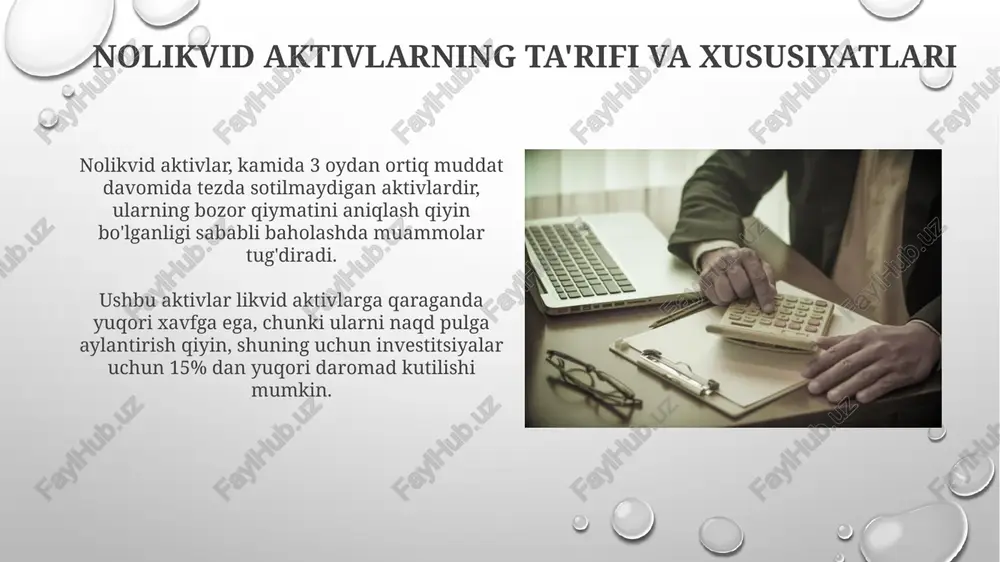 n foydaga qarab farq qiladi, qo'shilgan qiymat solig'i (qqs) kabi soliqlar qo'llanilishi mumkin. o'zbekistonda illikvid aktivlarni baholash soliq maqsadlarida muhim ahamiyatga ega, chunki baholash qiymati mol-mulk solig'i va daromad solig'ini hisoblash uchun asos bo'ladi. misollar va amaliy tadqiqotlar nodavlat aktivlar buxgalteriyasi bo'yicha misollar ko'chmas mulkni baholashda ishlatiladigan baholash usullari va daromadni kapitalizatsiya qilish bo'yicha amaliy tadqiqotlarni o'z ichiga oladi. venture kapital fondlarida nodavlat aktivlarni hisobga olishda investitsiyalarning adolatli qiymatini belgilash, daromadlarni tan olish va qo'shilgan qiymat metodini qo'llash bilan bog'liq amaliyotlar muhim hisoblanadi. xulosa va kelajakdagi tendentsiyalar kelajakda illikvid aktivlar hisobi blokcheyn texnologiyasidan foydalanish orqali shaffoflikni oshiradi, bu esa baholashdagi noaniqlikni 10-15% kamaytiradi. sun'iy intellekt (si) algoritmlari illikvid aktivlar bo'yicha bozor ma'lumotlarini tahlil qilish orqali baholashni yaxshilaydi, aniqlikni 25% gacha oshiradi. e'tiboringiz uchun rahmat image2.png image5.jpg image6.jpg image7.jpg image8.jpg image9.jpg image10.jpg image11.jpg image12.jpg image13.jpg image14.jpg image15.jpg image16.jpg image17.jpg image18.jpg image19.jpg image20.jpg image21.jpg image3.png