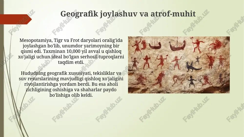 tamiyaliklar taxminan miloddan avvalgi 3000-yillarda arpa va bug'doydan iborat donlarni yetishtirishgan, ularni o'z navbatida pivo va non kabi asosiy mahsulotlar ishlab chiqarish uchun ishlatishgan. xurmo mesopotamiya oziq-ovqat ratsionining muhim qismi bo'lgan; arxeologik dalillar shuni ko'rsatadiki, ular turli xil taomlar va shirinliklar uchun, jumladan, xurmo sharbati uchun ishlatilgan. meros va ta'sir mesopotamiya madaniyatida irrigatsiya tizimlari, masalan, daryolar va kanallar, qishloq xo'jaligining hosildorligini oshirib, aholining o'sishiga 3000 yil avval sezilarli ta'sir ko'rsatdi. yozuvning rivojlanishi, xususan, mixxat yozuvi, miloddan avvalgi 3200 yilda mesopotamiyada ma'lumotlarni saqlash va tarqatishning inqilobiy usuli bo'lib, madaniy merosga katta ta'sir etdi. e'tiboringiz uchun rahmat image2.jpg image3.jpg image4.jpg image5.jpg image6.jpg image7.jpg image8.jpg image9.jpg image10.jpg image11.jpg image12.jpg image13.jpg image14.jpg image15.jpg image16.jpg image17.jpg image18.jpg