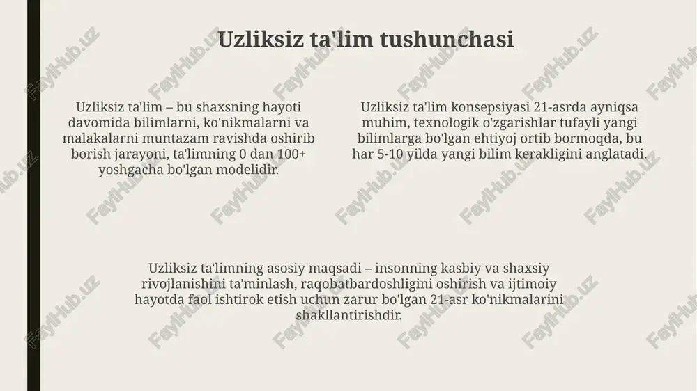 b, o'quvchilarning 21-asr ko'nikmalarini (4k) egallash darajasini aniqlaydi. baholash mezonlari ta'lim maqsadlariga muvofiqligi, o'quv dasturining 70% dan ortig'ini qamrab olishi va o'quvchilarning bilimlarini 80% aniqlikda o'lchashi kerak. uzliksiz ta'limda axborot texnologiyalarining roli axborot texnologiyalari uzluksiz taʼlimda resurslarni qidirish, tahlil qilish va baholash imkoniyatini berib, taʼlim oluvchilarning mustaqil oʻrganish koʻnikmalarini rivojlantiradi, 24/7 rejimida. uzluksiz taʼlimda it-lar onlayn kurslar, vebinarlar va virtual laboratoriyalar orqali geografik cheklovlarni olib tashlaydi, bu esa 1.5 milliondan ortiq odamga taʼlim olish imkonini beradi. sun'iy intellektga asoslangan ta'lim platformalari adaptiv o'rganishni ta'minlaydi, har bir o'quvchining ehtiyojlariga moslashtirilgan o'quv dasturlarini yaratishga yordam beradi va baholashni avtomatlashtiradi. o'zbekistonda uzliksiz ta'lim tizimi o'zbekistonda uzluksiz ta'lim tizimi 5 bosqichdan iborat: maktabgacha, umumiy o'rta, o'rta maxsus kasb-hunar, oliy va oliy o'quv yurtidan keyingi ta'lim. uzluksiz ta'lim tizimi 1992-yildagi ta'lim to'g'risidagi qonun va kadrlar tayyorlash milliy dasturi (1997) asosida modernizatsiya qilindi. o'zbekistonda 12 yillik majburiy ta'lim joriy etilgan bo'lib, uning tarkibiga 9 yillik umumiy …