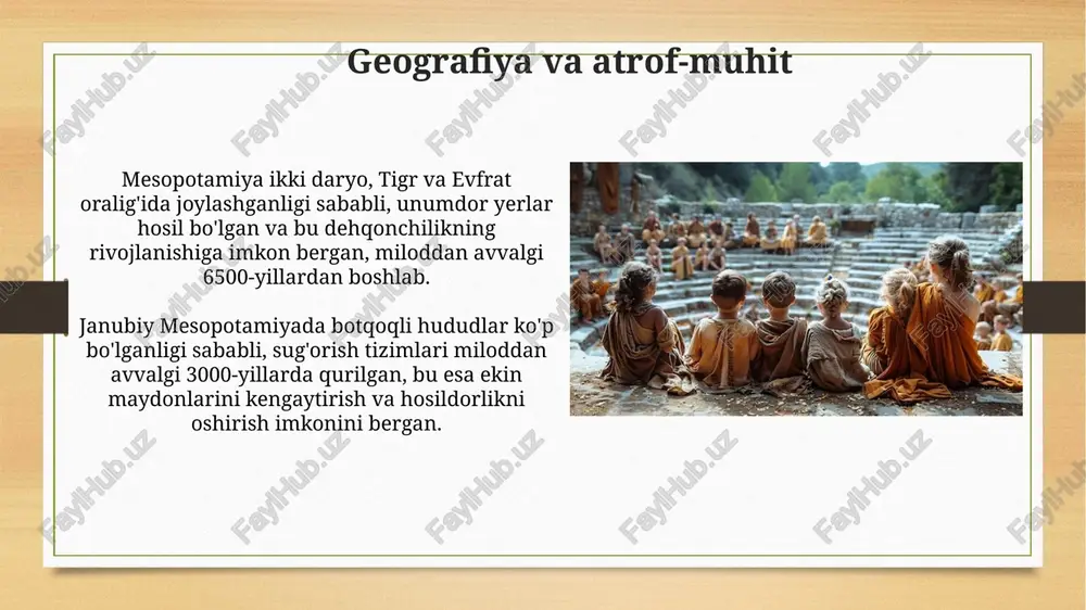bo'lib, go'sht va baliq faqat bayramlarda iste'mol qilinardi. uy-ro'zg'or buyumlari sopoldan, toshdan va misdan yasalgan bo'lib, ularga ko'za, likopcha, pichoq, o'roq va o'lchov anjomlari kirardi. ba'zi uylar ikki qavatli bo'lgan. merosingiz va ta'siri “merosingiz va ta'siri” mesopotamiya madaniyatining bugungi kunda ham saqlanib qolgan me'moriy yutuqlari, masalan, zig'uratlar orqali namoyon bo'ladi. ko'plab asrlar davomida ularning shakli va maqsadlariga ta'sir ko'rsatdi. qadimgi mesopotamiyaliklarning matematik bilimlaridan kelib chiqqan 60-sonli sanoq tizimi, vaqtni o'lchashda (60 soniya daqiqada, 60 daqiqa soatda) va doira burchaklarini o'lchashda 360 gradusdan iborat bo'ladi. e'tiboringiz uchun rahmat image8.jpg image9.jpg image10.jpg image11.jpg image12.jpg image13.jpg image14.jpg image15.jpg image16.jpg image17.jpg image18.jpg image19.jpg image20.jpg image21.jpg image22.jpg image23.jpg image24.jpg image3.png image4.png