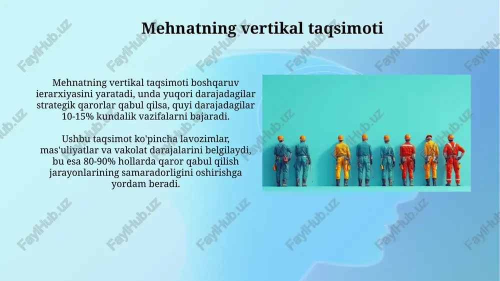 samaradorligiga bevosita ta'sir ko'rsatadi. texnologiyaning ta'siri texnologiya ish unumdorligini oshiradi; masalan, avtomatlashtirish orqali ishlab chiqarish hajmi 40 foizga ko'payishi, shu bilan mehnat taqsimotini optimallashtirishga yordam beradi. raqamli texnologiyalar masofaviy hamkorlikni osonlashtiradi, global jamoalar o'rtasida 25 foizga tezroq aloqa o'rnatish imkoniyatini beradi, bu esa mehnat taqsimotini kengaytiradi. kelajak tendensiyalari kelajakda ish taqsimoti avtomatlashtirish va ai texnologiyalari tufayli yanada ixtisoslashgan bo'ladi, bu esa samaradorlikni 30-40% ga oshiradi va yangi rollarni yaratadi. gorizontal integratsiya texnologiya gigantlari va startaplar o'rtasida 2025 yilga borib 60% ga o'sishi kutilmoqda, bu esa innovatsiyalarni tezlashtiradi va resurslardan foydalanishni optimallashtiradi. e'tiboringiz uchun rahmat image3.jpg image4.jpg image5.jpg image6.jpg image7.jpg image8.jpg image9.jpg image10.jpg image11.jpg image12.jpg image13.jpg image14.jpg image15.jpg image16.jpg image17.jpg image18.jpg image19.jpg image1.png