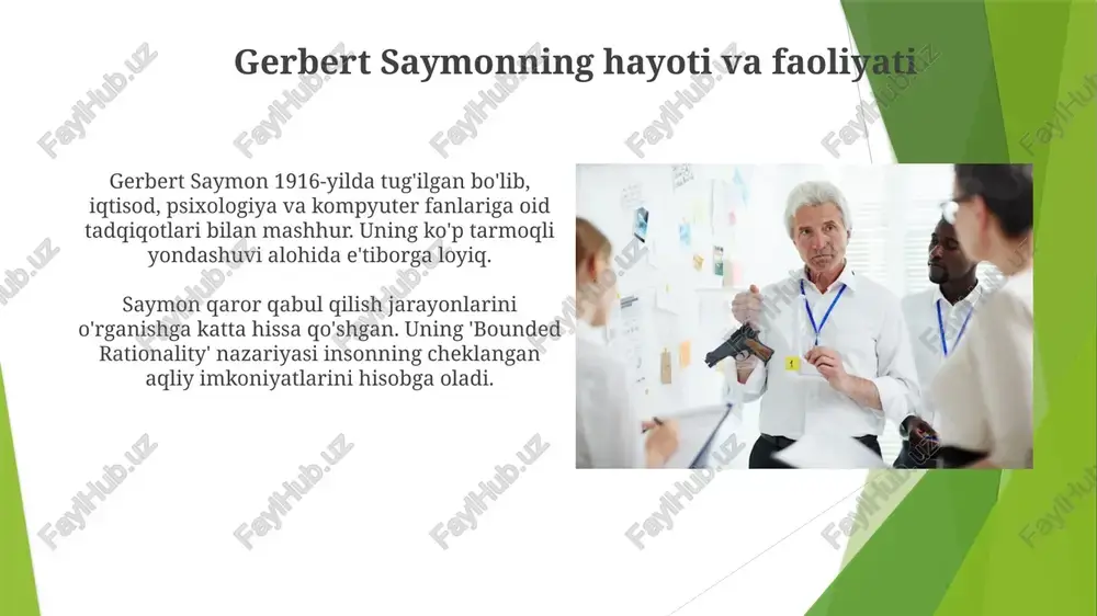qaruvning «iqtisodiy odam» modelini 100% ratsional deb hisoblanishiga qarshi chiqdi. u tashkilotlarda qaror qabul qilish jarayoni murakkabligi, ma'lumotlarning to'liqsizligi va kognitiv cheklovlar tufayli optimallashtirishga emas, qoniqishga qaratilganligini ta'kidladi. saymonning merosi va zamonaviy boshqaruvga ta'siri saymonning qaror qabul qilish nazariyasi, ayniqsa 'cheklangan ratsionallik' tushunchasi, bugungi kunda strategik menejmentda muhim ahamiyatga ega bo'lib, qarorlarni soddalashtirish zarurligini ta'kidlaydi. uning tashkilotlar haqidagi qarashlari, xususan, ularni 'qaror qabul qilish tizimlari' sifatida ko'rish, zamonaviy tashkilotlar tuzilmasini va operatsiyalarini loyihalashda qo'llaniladigan muhim nazariyadir. xulosa xulosa, simonning fikricha, qaror qabul qilish jarayonining muhim bosqichi bo'lib, unda maqsadga erishish uchun eng yaxshi muqobil tanlanadi, 1947-yilgi kitobida ta'kidlanganidek. simonning xulosaga doir qarashlari cheklangan ratsionallik nazariyasiga asoslanadi, bu esa odamlarning mukammal qaror qabul qilish qobiliyatiga ega emasligini, 80/20 qoidasiga rioya qilishni anglatadi. e'tiboringiz uchun rahmat image2.jpg image3.jpg image4.jpg image5.jpg image6.jpg image7.jpg image8.jpg image9.jpg image10.jpg image11.jpg image12.jpg image13.jpg image14.jpg image15.jpg image16.jpg image17.jpg image18.jpg