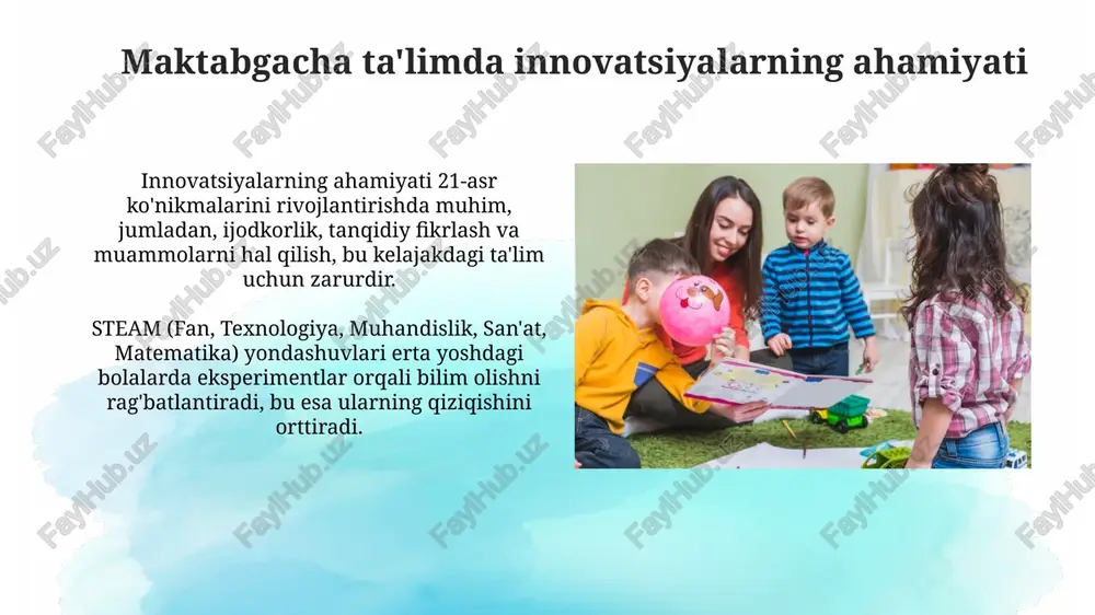ta'limdagi innovatsion boshqaruvning samaradorligini baholashning 360 daraja usulini qo'llash orqali doimiy takomillashtirishga qaratilgan. maktabgacha ta'limning yakuniy natijalari bolalarning kognitiv, ijtimoiy-emotsional va motorika rivojlanishini aks ettiruvchi 8 ta asosiy ko'rsatkich bilan o'lchanadi. e'tiboringiz uchun rahmat image3.jpg image4.jpg image5.jpg image6.jpg image7.jpg image8.jpg image9.jpg image10.jpg image11.jpg image12.jpg image13.jpg image14.jpg image15.jpg image16.jpg image17.jpg image1.png