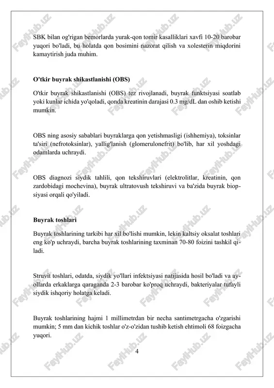 i qon bosimi (gipertenziya), ayniqsa sistolik bosim 140 mmhg dan yuqori bo'lsa, buyrak kasalliklarining belgisi bo'lishi mumkin, chunki buyraklar qon bosimini tartibga solishda muhim rol o'ynaydi. diagnostika usullari siydik tahlili buyrak kasalliklarini aniqlashda asosiy usul bo'lib, unda proteinuriya (oqsil mavjudligi) va gematuriya (qon mavjudligi) kabi ko'rsatkichlar aniqlanadi. buyrak biopsiyasi gistologik tekshiruv uchun buyrak to'qimasining namunasi olinadigan invaziv usul bo'lib, aniq tashxis qo'yishda muhim ahamiyatga ega. siydikning kreatinin klirensi (24 soatlik siydik yig'ish) buyrakning filtrlash qobiliyatini baholash uchun ishlatiladi, bu esa buyrak funktsiyasini aniqlashga yordam beradi. davolash usullari dializ - bu buyrak funktsiyasi yetishmovchiligi holatida qo'llaniladigan hayotni saqlab qoluvchi usul bo'lib, qonda to'plangan zararli moddalarni maxsus apparat yordamida tozalashni o'z ichiga oladi. buyrak transplantatsiyasi - bu surunkali buyrak kasalligining so'nggi bosqichida qo'llaniladigan jarrohlik amaliyoti bo'lib, sog'lom buyrakni bemorga ko'chirib o'tkazish orqali buyrak funktsiyasini tiklashga qaratilgan. dori vositalari bilan davolash ko'pincha buyrak kasalliklarining turli bosqichlarida qo'llaniladi, masalan, qon bosimini nazorat qilish uchun …