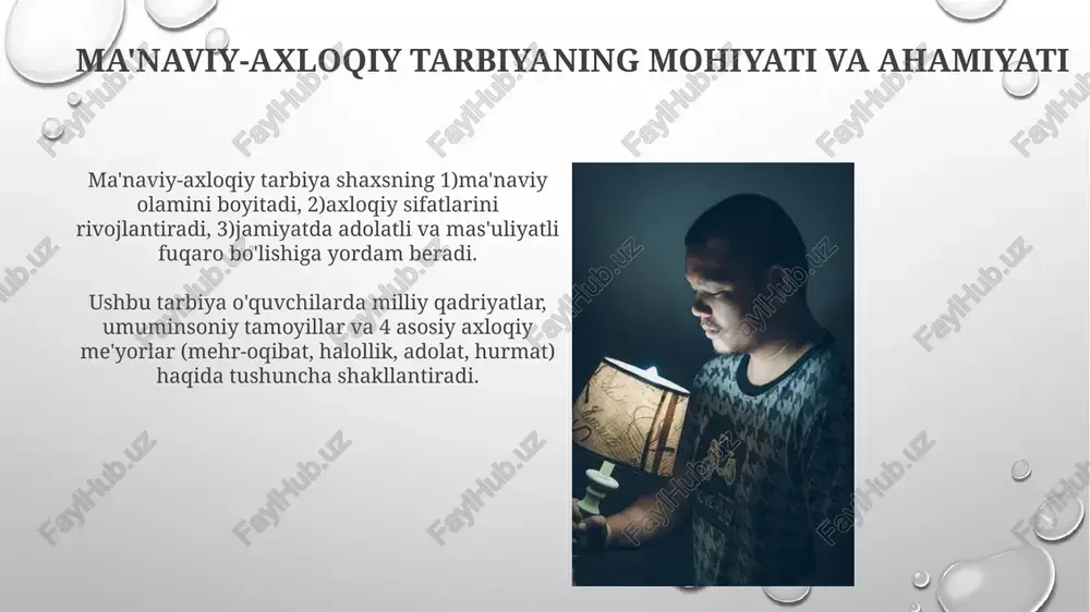 -onalar majlislari va 2 karra yil davomida pedagogik kengashlar orqali o'quvchilarning axloqiy tarbiyasiga oid umumiy strategiyalar ishlab chiqiladi. xulosa "xulosa" bo'limi talabalarga 12 ta umuminsoniy qadriyatlarni, jumladan, hurmat va mas'uliyatni kundalik hayotda qo'llash bo'yicha amaliy tavsiyalar beradi. "xulosa" qismida axloqiy dilemmalarni hal qilishning 5 bosqichli modelini taqdim etiladi, bu talabalarga tanqidiy fikrlashni rivojlantirishga yordam beradi. e'tiboringiz uchun rahmat image2.png image5.jpg image6.jpg image7.jpg image8.jpg image9.jpg image10.jpg image11.jpg image12.jpg image13.jpg image14.jpg image15.jpg image16.jpg image17.jpg image18.jpg image19.jpg image20.jpg image3.png