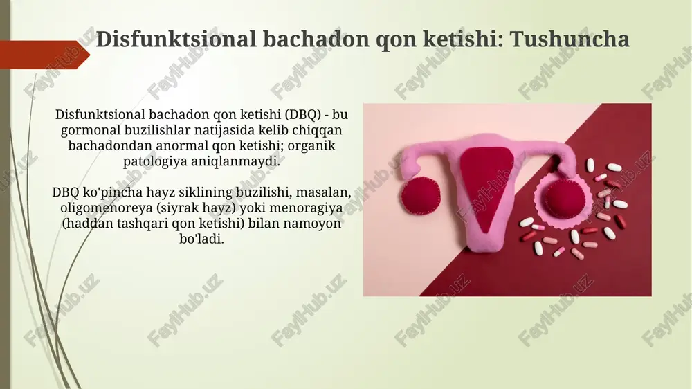 tik tuxumdon sindromini istisno qiladi. reproduktiv yoshdagi ayollarda differensial diagnostika gormonal buzilishlar (masalan, qalqonsimon bez kasalliklari) va qon ivish tizimi kasalliklarini (masalan, fon villebrand kasalligi) istisno qiladi. klinik holatlar (misollar) o'smirlik davrida dub misoli: 14 yoshli qizda menarxiyadan keyin 6 oy davom etgan tartibsiz, og'ir qon ketishi, gipotalamus-gipofizar-tuxumdon o'qining yetilishmasligi tufayli anovulyatsiya bilan bog'liq. perimenopauzda dub: 48 yoshli ayolda 2-3 oyda bir marta qon ketishi, ko'p miqdorda, estrogen darajasining o'zgarishi, progesteronning yetishmasligi, endometriy giperplaziyasiga olib kelishi mumkin. xulosa xulosa qilib aytganda, dubning diagnostikasi gormonal tahlillar, ultratovush tekshiruvi va endometriyal biopsiya kabi 3 ta muhim bosqichni o'z ichiga oladi, bu 40 yoshdan oshgan ayollarda ayniqsa muhim. davolash usullari individualdir; gormonal terapiya, masalan, progestinlar bilan 6 oylik kurslar, engil holatlarda yetarli bo'lishi mumkin, ammo og'ir holatlarda jarrohlik aralashuvi zarur. e'tiboringiz uchun rahmat image2.jpg image3.jpg image4.jpg image5.jpg image6.jpg image7.jpg image8.jpg image9.jpg image10.jpg image11.jpg image12.jpg image13.jpg image14.jpg image15.jpg image16.jpg image17.jpg image18.jpg
