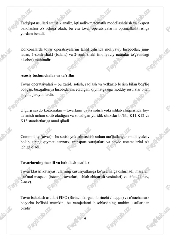 suli qo'llanilishi mumkin, bunda eng avval sotib olingan tovarlar dastlabki narxlarda hisobdan chiqariladi. o'rtacha tortilgan narx usuli tovarlarning chiqimini aniqlashda qo'llaniladi, bunda har bir sotuvdagi tovarlarning o'rtacha qiymati umumiy qiymatni umumiy miqdorga bo'lish orqali hisoblanadi. tovarlarning chiqimini hisobga olishda maxsus identifikatsiya usuli ishlatilishi mumkin, bunda har bir sotilgan tovarning aniq xarid narxi (o'ziga xos qiymati) hisobga olinadi. tovar zaxiralarini inventarizatsiya qilish tovar inventarizatsiyasi jarayonida kamida ikki kishidan iborat inventarizatsiya komissiyasi tuziladi, uning asosiy vazifasi haqiqiy qoldiqlarni hujjatlashtirishdir. inventarizatsiya natijalari inventarizatsiya qaydnomasida (inv-3 shakli) aks ettiriladi, unda har bir tovar nomi, soni va o'lchov birligi aniq ko'rsatilishi shart. inventarizatsiya davomida aniqlangan ortiqcha va kamomadlar summaviy ko'rinishda qoplanmaydi; har bir kamomad va ortiqchalik alohida hisobga olinishi lozim. tovarlarni hisobdan chiqarish tartibi tovarlarni hisobdan chiqarish tartibi, sotilgan mahsulotlar tannarxini aniqlash uchun fifo (birinchi kirim - birinchi chiqim) yoki o'rtacha tortilgan baho kabi usullarni qo'llaydi. tovar moddiy zaxiralarini hisobdan chiqarishda, yaroqsiz holga kelgan, shikastlangan …