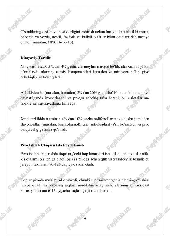 natni buzishi, ayniqsa, ayollarda hayz siklining buzilishiga olib kelishi mumkin. ba'zi odamlarda hop tarkibidagi birikmalar bilan o'zaro ta'sirlashishi sababli, antidepressantlar yoki sedativ kabi dorilarning samaradorligi 5-10% ga kamayishi mumkin. qulupnaydan foydalanish retseptlari qulupnay murabbo tayyorlashda, 1 kg qulupnayga 800 gramm shakar va yarimta limon sharbati qo'shiladi, bu murabboning uzoq saqlanishini ta'minlaydi. qulupnayli smuzi uchun 200 gramm qulupnay, 100 ml sut, bir qoshiq asal va bir chimdim vanilinni blenderda aralashtiring, vitaminlarga boy ichimlik tayyor bo'ladi. qulupnay pirogini pishirishda 250 gramm qulupnayni pirog xamiriga qo'shing va 180 daraja haroratda 30 daqiqa davomida pishiring, mazali desert hosil qilasiz. qulupnayni saqlash usullari qulupnayni muzlatish, sifatini saqlash uchun eng mashhur usullardan biri bo'lib, -18°c dan past haroratda 8 oygacha saqlash imkonini beradi. tozalangan mevalarni vakuumli paketlarda saqlash yaxshiroq. qulupnay murabbosi tayyorlash, uzoq muddatli saqlash usuli bo'lib, shakar konsentratsiyasi 60-65% bo'lganida, mikroorganizmlar rivojlanishi sekinlashadi va yaroqlilik muddati 12 oygacha oshadi. quritilgan qulupnayni tayyorlash, namlik darajasini 15% …