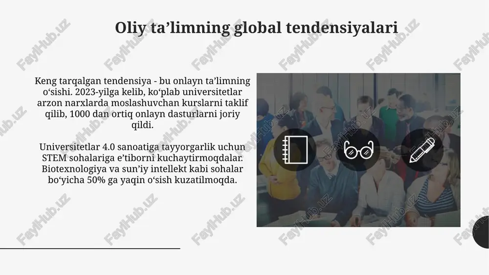 shi rejalashtirilgan, bu esa ularning ta’lim olish imkoniyatlarini kengaytiradi. ish beruvchilar bilan aloqalarni mustahkamlash ish beruvchilar bilan aloqalarni mustahkamlash orqali, o'quv rejalari 70% amaliy ko'nikmalarga yo'naltirilishi, 30% nazariyaga asoslanishi ta'minlanadi. kompaniyalar bilan qo'shma loyihalar tashkil etish, talabalarning stajirovka dasturlarini 2 barobarga oshirish, ularning kelajakdagi ish bilan ta'minlanishini kafolatlaydi. oliy taʼlimning ijtimoiy masʼuliyati oliy taʼlimning ijtimoiy masʼuliyati 2030-yilgacha barqaror rivojlanish maqsadlariga erishishda hal qiluvchi rol oʻynaydi, inklyuziv taʼlim va hayot davomida oʻrganish imkoniyatlarini targʻib qiladi. universitetlar jamiyat ehtiyojlariga javob beradigan, ijtimoiy adolatni ilgari suradigan va 21-asr koʻnikmalariga ega boʻlgan malakali mutaxassislarni tayyorlash orqali bevosita taʼsir koʻrsatadi. xulosa xulosa - bu tadqiqotning asosiy topilmalarini va natijalarini umumlashtiruvchi yakuniy qism bo'lib, unda asosiy argumentlar 3-4 ta gapda taqdim etiladi. xulosa qismida olingan natijalarning amaliy ahamiyati, kelajakdagi tadqiqot yo'nalishlari va muammoning 1-2 ta yechimini taklif qilish muhim ahamiyatga ega. e'tiboringiz uchun rahmat image2.jpg image3.jpg image4.jpg image5.jpg image6.jpg image7.jpg image8.jpg image9.jpg image10.jpg image11.jpg image12.jpg image13.jpg …