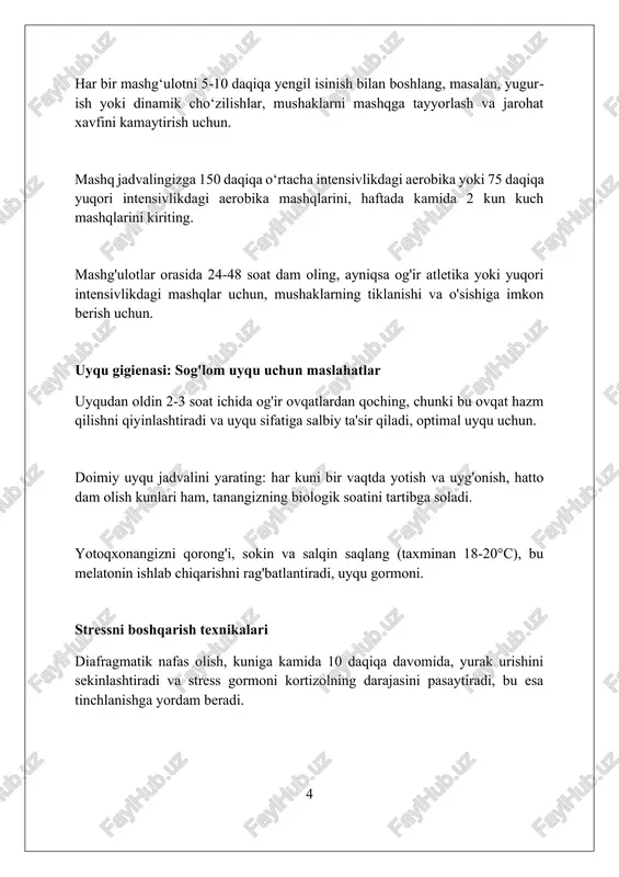 yurak-qon tomir kasalliklari xavfini 15-20% ga oshiradi. uzoq muddatli ta'sir, ayniqsa, keksa avlod uchun xavfli. suvning ifloslanishi og'ir metallar (qo'rg'oshin, simob) bilan zaharlanishga olib kelishi mumkin. zaharlanish 10-30 yil ichida asab tizimida buzilishlarni keltirib chiqarishi mumkin. atrof-muhitdagi shovqin darajasi 60 desibeldan yuqori bo'lsa, uzoq muddatda gipertoniya xavfini 8-12% ga oshiradi va uyqu sifatini yomonlashtiradi. sog'lom turmush tarzining uzoq muddatli foydalari sog'lom ovqatlanish va muntazam jismoniy mashqlar 60 yoshdan keyin ham yurak-qon tomir kasalliklari xavfini 40% gacha kamaytiradi, hayot sifatini yaxshilaydi. surunkali stressni boshqarish, jumladan meditatsiya va yoga amaliyotlari, 5 yil ichida depressiya xavfini 30% kamaytiradi va kognitiv funktsiyalarni saqlashga yordam beradi. to'g'ri uyqu gigienasiga rioya qilish (kuniga 7-8 soat) immunitetni mustahkamlaydi, metabolizmni normallashtiradi va 10 yil ichida altsgeymer kasalligi ehtimolini kamaytiradi. xulosa va keyingi qadamlar sog'lom turmush tarziga erishish uchun 3 oylik maqsad qo'ying: haftada kamida 150 daqiqa o'rtacha intensivlikda jismoniy mashqlar qiling va kuniga 5 ta meva va sabzavot …