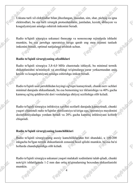 'lib, odatda 1-3 sm diametrda bo'ladi. gemostaz, ya'ni qon ketishini to'xtatish, radio to'lqinli jarrohlikning muhim qo'llanilishidir. u qon tomirlarini koagulyatsiya qilish uchun ishlatiladi va an'anaviy usullarga nisbatan 5-7 soniyada tezroq natijaga erishadi. qo'llash sohalari: boshqa tibbiyot yo'nalishlari dermatologiyada radio to'lqinli jarrohlik teridagi o'smalarni olib tashlash, siğillarni yo'q qilish va 0,1-2 mm chuqurlikdagi kosmetik muolajalar uchun ishlatiladi. lor amaliyotida burun tiqilishi, poliplar va burun qon ketishini davolashda samarali, 300 khz dan 4 mhz gacha chastotali radio to'lqinlaridan foydalaniladi. ginekologiyada bachadon eroziyasi, bachadon bo'yni displaziyasi va boshqa benign kasalliklarni davolashda qo'llaniladi, bunda 99% gacha muvaffaqiyat darajasi kuzatiladi. operatsiyadan oldingi tayyorgarlik operatsiyadan oldin bemorning umumiy ahvoli, shu jumladan yurak-qon tomir va nafas olish tizimlarining holati ekg va rentgen tekshiruvlari orqali baholanadi. qon tahlillari, masalan, umumiy qon tahlili va qon ivish ko'rsatkichlari, operatsiyadan oldin qon ketish xavfini aniqlash va oldini olish uchun o'tkaziladi. agar bemor antikoagulyantlar (qon suyultiruvchi dorilar) qabul qilayotgan bo'lsa, operatsiyadan kamida …