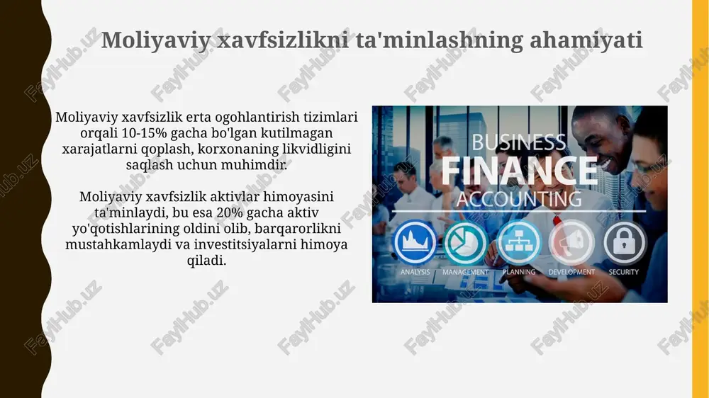ga. huquqiy va me'yoriy talablar qonunchilik talablari investitsiya loyihalarini baholashda normativ-huquqiy hujjatlar, shu jumladan, soliq kodeksining 29-moddasiga muvofiq soliq imtiyozlarini hisobga olishni ta'minlaydi. moliyaviy hisobotlar standartlari aktivlar va majburiyatlarni baholashda, masalan, 5-sonli bhmsga muvofiq asosiy vositalar amortizatsiyasi kabi, buxgalteriya siyosatini belgilab beradi. muvaffaqiyatli kapital boshqaruvi va moliyaviy xavfsizlik misollari singapur: markaziy jamg‘arma (cpf) xodimlarning pensiya va sog‘liqni saqlash xarajatlarini boshqarish uchun 370 milliard dollardan ortiq mablag‘ni investitsiya qiladi, moliyaviy barqarorlikni ta'minlaydi. norvegiya: davlat pensiya jamg‘armasi global aksiyalarga, obligatsiyalarga va ko‘chmas mulkka 1,4 trillion dollardan ortiq mablag‘ kiritadi, uzoq muddatli daromad keltirib, moliyaviy xavfsizlikni yaxshilaydi. e'tiboringiz uchun rahmat image2.jpg image3.jpg image4.jpg image5.jpg image6.jpg image7.jpg image8.jpg image9.jpg image10.jpg image11.jpg image12.jpg image13.jpg image14.jpg image15.jpg image16.jpg