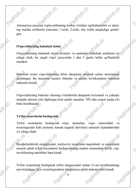 mladan nogironligi bo’lgan bolalarning ham sifatli ta’lim olishini ta’minlash uchun moslashtirilgan o’quv dasturlarini, 2025-yilga mo’ljallangan maqsadlar bilan, yaratadi. tenglik ta’limda resurslar va imkoniyatlarni adolatli taqsimlashni nazarda tutadi, bunda har bir o’quvchining individual ehtiyojlari inobatga olinadi va kamida 90% o’quvchining natijadorligi oshiriladi. o’zbekistonda inklyuzivlikni rivojlantirish 2030-yilgacha bo’lgan milliy strategiya bilan belgilanadi, bu strategiya ta’lim muassasalarida 15% nogiron bolalar uchun sharoit yaratishni ko’zda tutadi. ta'lim tizimida hamkorlik va sheriklik ta’lim muassasalari o‘rtasidagi gorizontal hamkorlik o‘quv dasturlari va o‘qitish metodikalarini 20 foizga yaxshilashga, resurslarni 15 foizga tejashga yordam beradi. mahalliy hokimliklar bilan sheriklik 30 foizga ko‘proq amaliyot joylari ta’minlanishini, bitiruvchilarning ish bilan ta’minlanish darajasini 25 foizga oshirishni ko‘zlaydi. xalqaro tashkilotlar bilan hamkorlik 5 ta yangi o‘quv dasturini aprobatsiya qilish va pedagoglar malakasini oshirish orqali ta’lim sifatini 10 foizga oshirishga qaratilgan. ta'lim siyosati va strategiyalari ta'lim siyosati maktabgacha ta'lim qamrovini 2025 yilga kelib 80% ga yetkazishni maqsad qilgan, inklyuzivlikni oshirish va sifatli dasturlarni joriy …