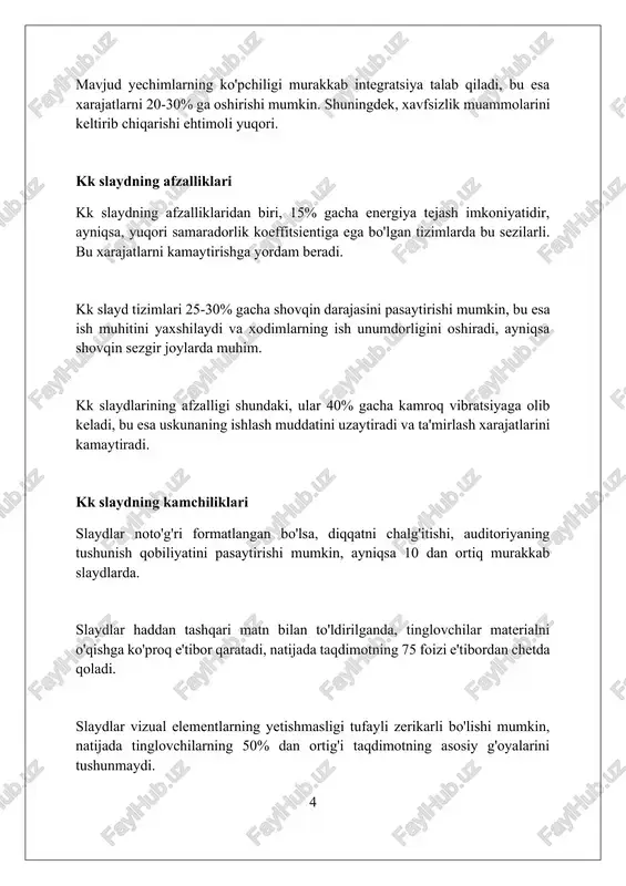 oyiha esa 12 oydan ortiq muddatda bajarilishi mumkin. implementatsiya jarayonida xatolarni bartaraf etish va funksionallikni optimallashtirish muhim, buning uchun har bir 1000 qator kodga kamida 5 ta sinov o'tkazilishi kerak. natijalar natijalar 10 foizga oshishi, marketing kampaniyasining samaradorligini ko'rsatadi, bunda 5000 ta yangi mijoz jalb qilingan va sotuv hajmi 2 million dollarga yetgan. statistik natijalar tahlili shuni ko'rsatdiki, 85 foiz respondentlar yangi mahsulotni qoniqarli deb baholagan, bu esa 90 kunlik sinov davrining muvaffaqiyatini ta'minladi. tadqiqot natijalari 7 ta asosiy tendensiyani aniqladi, bu esa 2024-yilda bozorda sezilarli o'zgarishlar bo'lishini ko'rsatadi va 3 ta yangi imkoniyatni ochib beradi. kelajakdagi rejalar 2030-yilgacha o'zbekiston hukumati barqaror rivojlanish maqsadlariga erishish uchun iqtisodiyotning 3 ta ustuvor yo'nalishiga investitsiyalarni ko'paytirishni rejalashtirmoqda. kelajakda yashil energetikaga o'tish maqsadida, 2026-yilgacha quyosh va shamol elektr stansiyalari quvvatini 5000 mvtgacha oshirish, shuningdek, gidroenergetika salohiyatidan to'liq foydalanish ko'zda tutilgan. 2040-yilgacha o'zbekiston ta'lim tizimini xalqaro standartlarga moslashtirish uchun steam yo'nalishlariga e'tibor qaratiladi, hamda 1000 …