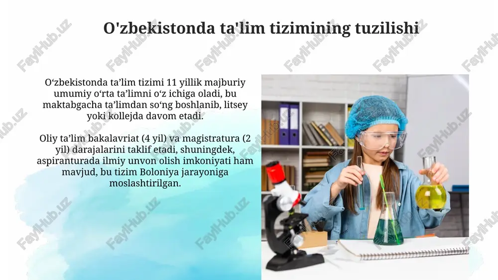 muassasalarida zamonaviy it infratuzilmasini yaratish va ulardan foydalanish imkoniyatini oshirdi. ta’limda virtual laboratoriyalar va simulyatsiyalardan foydalanish 3d modellashtirish va interaktiv o‘quv materiallari orqali o‘quvchilarning fanlarni chuqurroq tushunishiga yordam bermoqda. o'qituvchilarning malakasini oshirish o'qituvchilar har besh yilda malaka oshirish kurslarida qatnashishlari shart, bu davlat ta'lim standartlariga muvofiq ularning kasbiy kompetentligini saqlashga yordam beradi. malaka oshirish tizimi zamonaviy pedagogik texnologiyalar, akt va inklyuziv ta'lim metodlarini o'zlashtirishga qaratilgan 100 soatlik o'quv dasturlarini taklif etadi. o'zbekistonda fan va ta'limning istiqbollari 2030-yilgacha oliy ta'lim qamrovini 50 foizdan oshirish, xalqaro standartlarga mos keladigan mutaxassislarni tayyorlash, ilm-fanni innovatsion rivojlantirish ustuvor vazifa bo'lib qoladi. it, biotexnologiya, qayta tiklanuvchi energiya kabi sohalarda ilmiy tadqiqotlarni kuchaytirish, zamonaviy laboratoriyalar bilan ta'minlash, xalqaro hamkorlikni kengaytirish fan istiqbolida muhim ahamiyatga ega. e'tiboringiz uchun rahmat image3.jpg image4.jpg image5.jpg image6.jpg image7.jpg image8.jpg image9.jpg image10.jpg image11.jpg image12.jpg image13.jpg image14.jpg image15.jpg image16.jpg image17.jpg image18.jpg image19.jpg image1.png