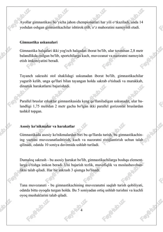 k va muvozanatni rivojlantirishga qaratilgan 3-4 kunlik dasturni o'z ichiga olishi mumkin, bu esa sportchining mahoratini oshiradi. ushbu mashg'ulotlar davomida gimnastikachilar 1-2 soat davomida turli xil elementlar, masalan, pol mashqlari, xodalar va halqalar bo'yicha intensiv mashqlar o'tkazadilar. gimnastika mashg'ulotlarida jarohatlarning oldini olish muhim ahamiyatga ega, shuning uchun 5-10 daqiqalik isinish va 15 daqiqalik cho'zish mashqlari majburiy hisoblanadi. gimnastikada baholash gimnastikada baholash murakkab tizim boʻlib, unda texnik komissiya bajarilgan harakatlarning qiyinlik darajasini, masalan, a, b, c elementlari qiymatini aniqlaydi. artistik gimnastikada baholash ikki panel tomonidan amalga oshiriladi: qiyinchilik (d-score) va bajarilish (e-score), umumiy ballni (total score) aniqlashda ularning yig'indisi hisobga olinadi. badiiy gimnastikada baholashda hakamlar bajarilish sifati, kompozitsiya va san'atkorlikka e'tibor qaratishadi, bunda tana harakatlari va predmet bilan ishlash uyg'unligi muhim ahamiyatga ega. bolalar gimnastikasi bolalar gimnastikasi 3 yoshdan 6 yoshgacha bo'lgan bolalarning asosiy motor qobiliyatlarini rivojlantirishga qaratilgan mashqlarni o'z ichiga oladi, masalan, muvozanat, koordinatsiya va moslashuvchanlik. ushbu gimnastika turi bolalarga …