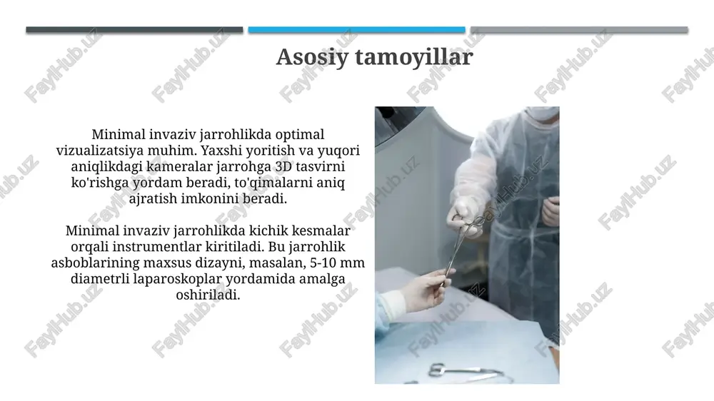 a yuqori talab, uzunroq operatsiya vaqti va jarroh uchun 15% ko'proq o'rganish egri chizig'i mavjud. klinik qo'llanilishi minimal invaziv xirurgiya (mih) kichik kesmalar orqali o't pufagi, appendiks va boshqa organlarni olib tashlashda keng qo'llaniladi, bunda og'riq va tiklanish tezlashadi. mih diagnostika uchun ham ishlatiladi: laparoskopiya orqali qorin bo'shlig'ini vizualizatsiya qilish yoki artroskopiya yordamida bo'g'imlarni tekshirish kasallikni aniqlashga yordam beradi. kelajak tendentsiyalari sun'iy intellekt (ai) yordamida operatsiyalarni rejalashtirish va bajarishda aniqlik oshadi, 3d vizualizatsiya va robototexnika integratsiyasi orqali minimal invaziv yondashuvlar takomillashadi. nanotexnologiyalar sohasidagi yutuqlar molekulyar darajadagi aniq jarrohlik aralashuvlariga imkon beradi, bu esa 10-100 nanometr o'lchamdagi asboblar yordamida amalga oshiriladi. e'tiboringiz uchun rahmat image2.jpg image3.jpg image4.jpg image5.jpg image6.jpg image7.jpg image8.jpg image9.jpg image10.jpg image11.jpg image12.jpg image13.jpg image14.jpg image15.jpg image16.jpg image17.jpg image18.jpg